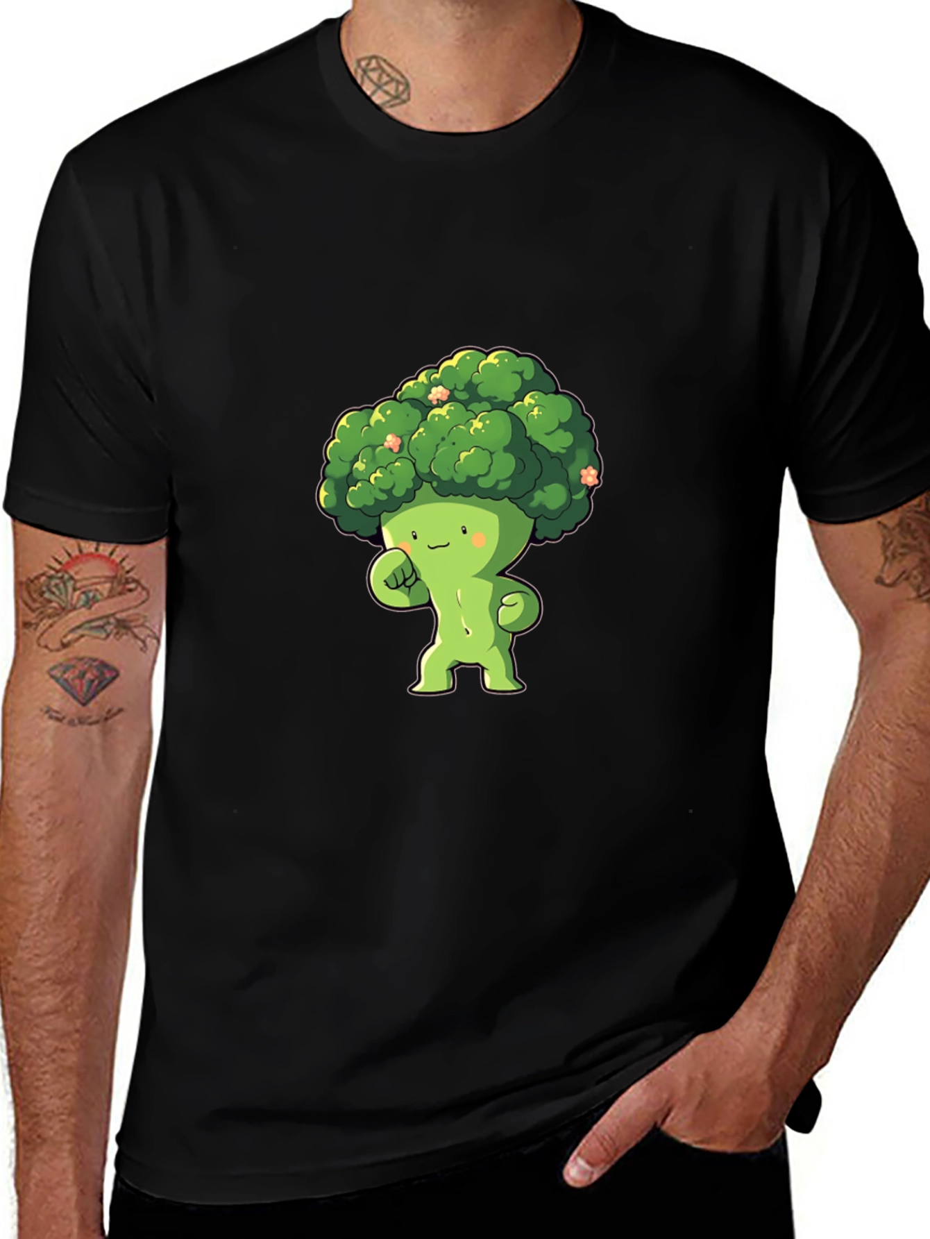 Variant 4 of Broccoli Cartoon Character Black T-Shirt