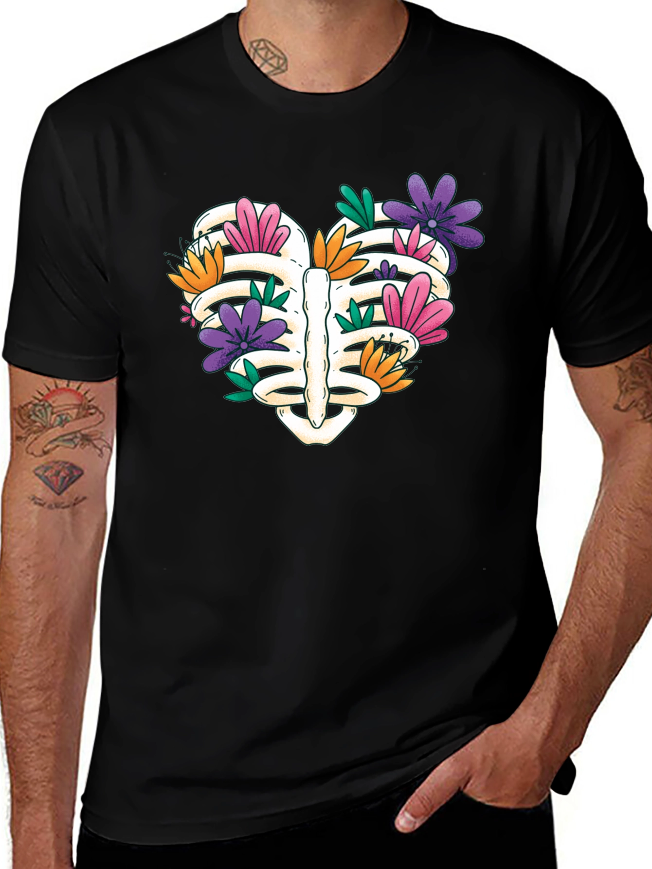 Variant 30 of Floral Rib Cage Heart Graphic Tee - Black