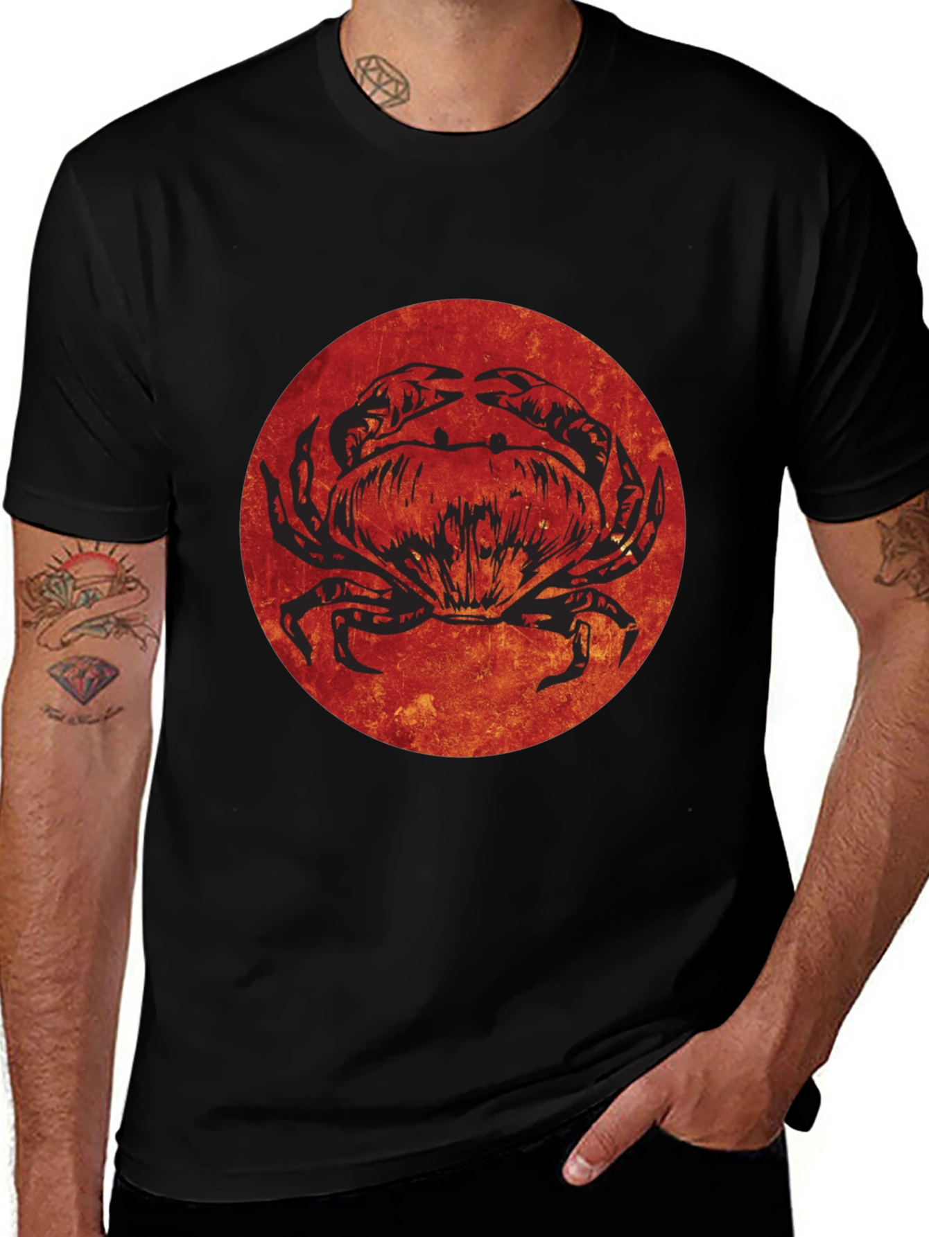 Crab Graphic Tee - Red Circle Design, Black Cotton Shirt