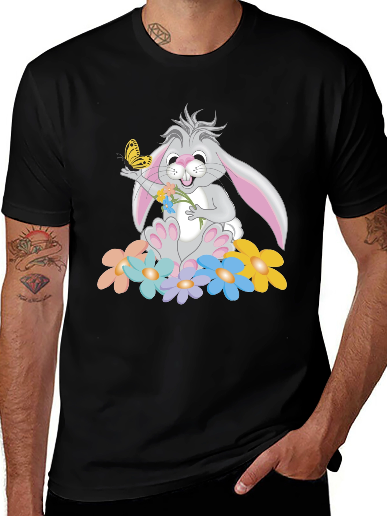 Variant 19 of Cute Bunny with Butterfly Black T-Shirt