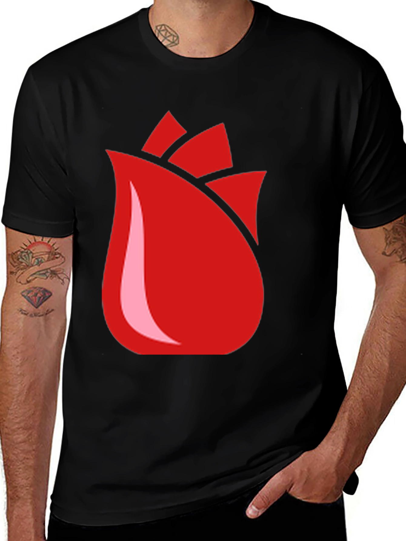 Red Rose Bud Graphic Black T-Shirt