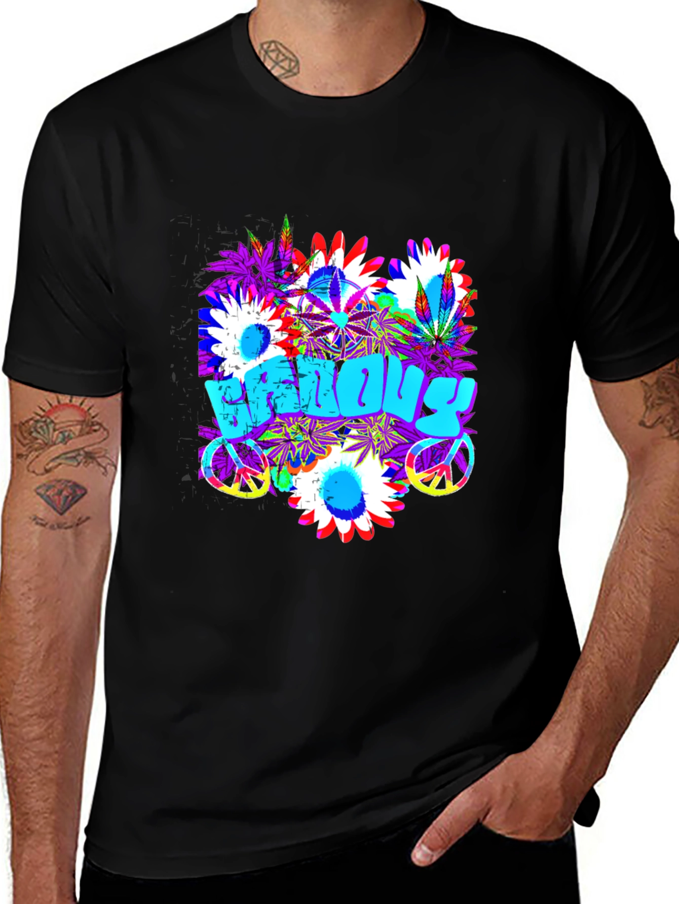 Variant 9 of Groovy Vibes T-Shirt: Floral Peace Sign Design