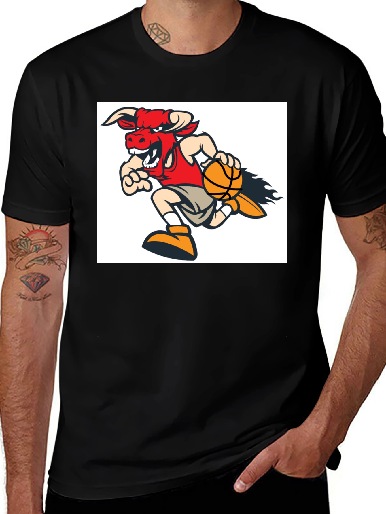 Variant 12 of Cartoon Bull Basketball T-Shirt - Black