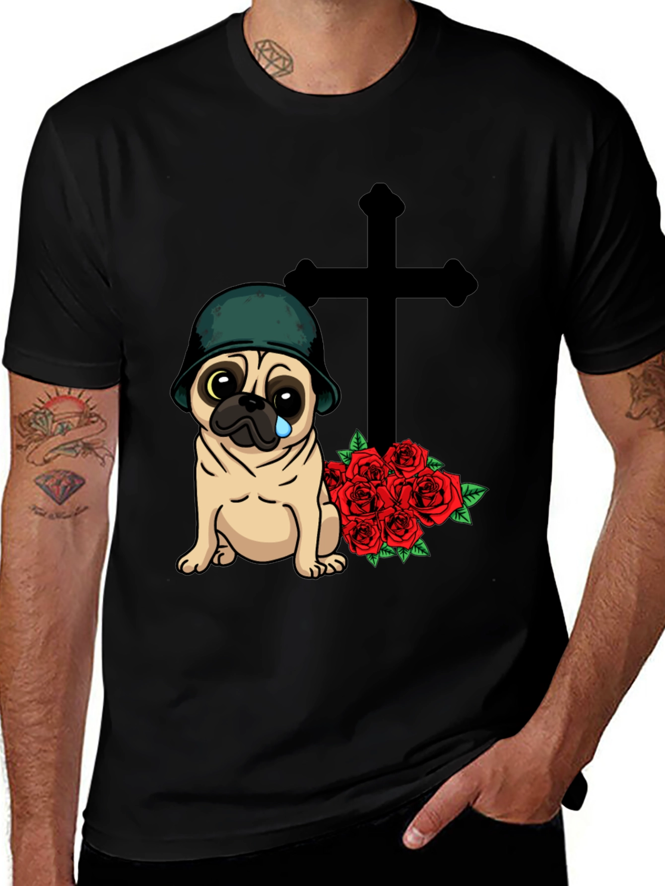 Sad Pug Soldier T-Shirt with Roses & Cross