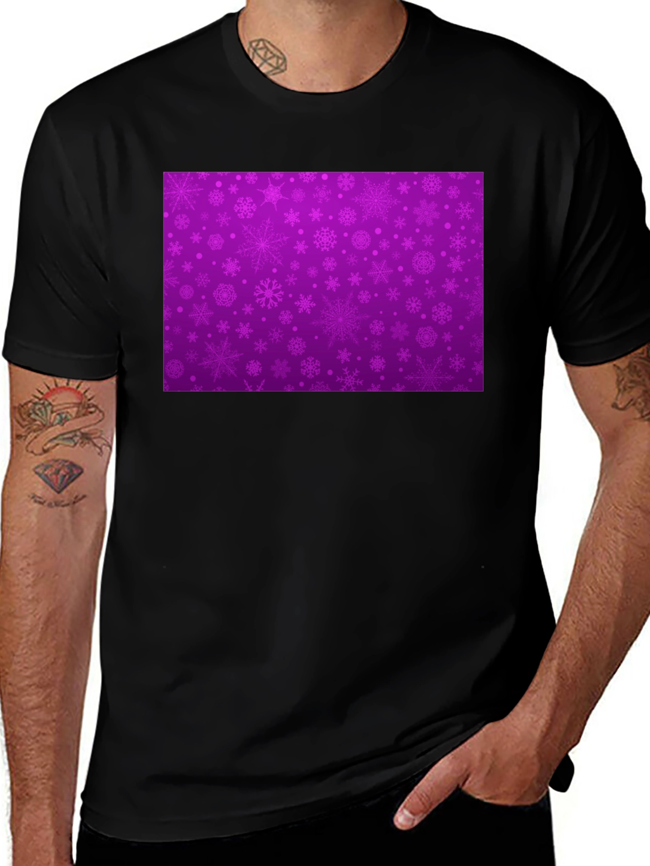 Variant 25 of Purple Snowflake Pattern Black T-Shirt