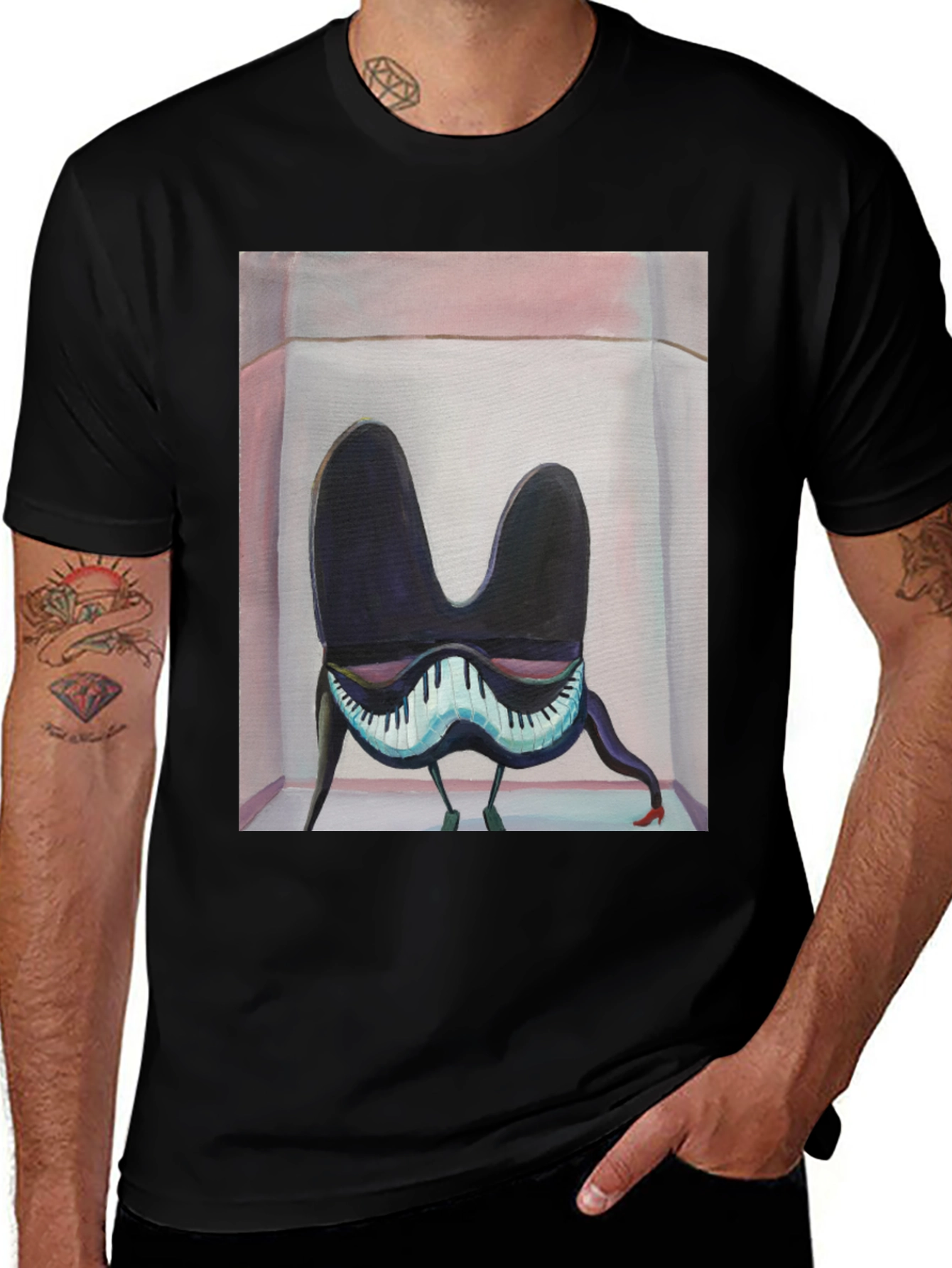 Surreal Piano Graphic Tee - Black Cotton Blend
