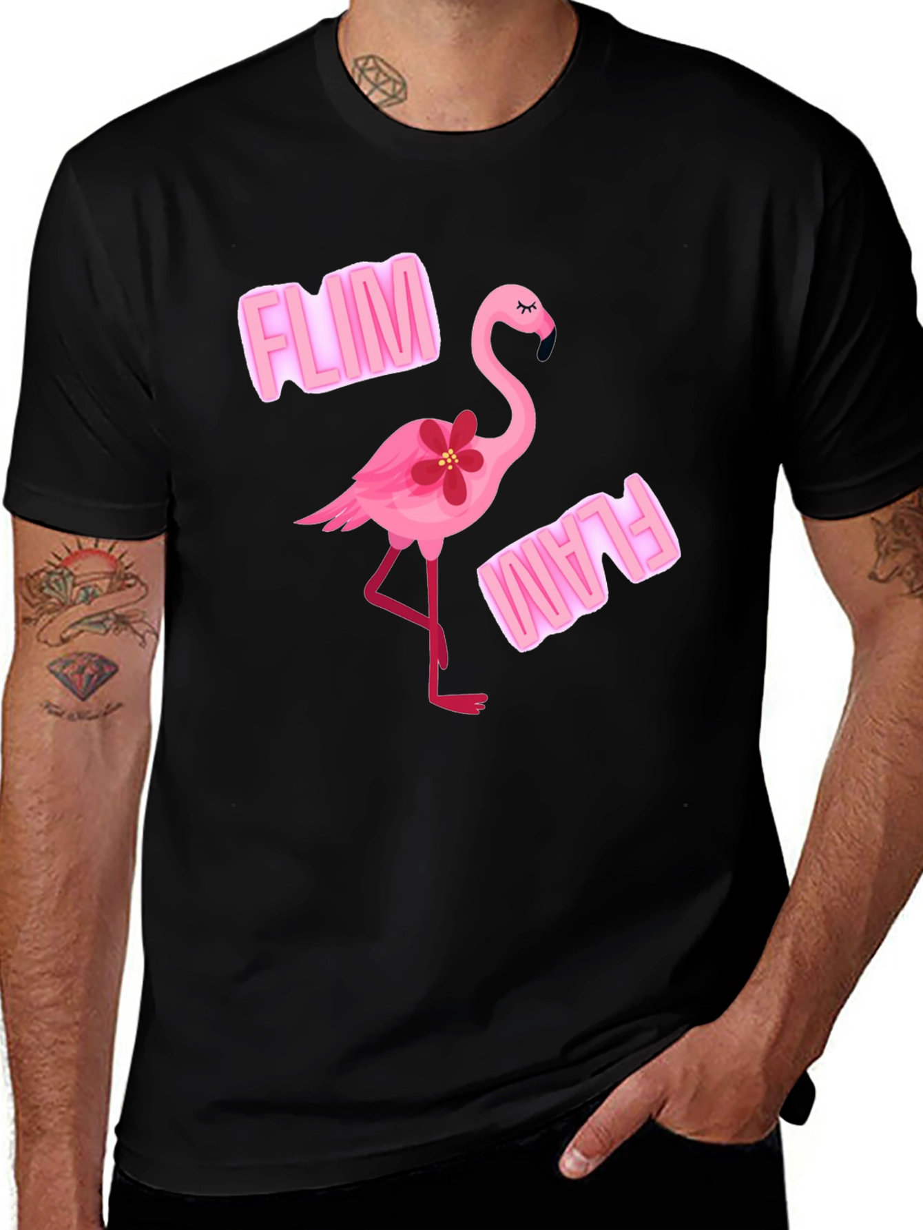 Variant 11 of Whimsical Flamingo Graphic Tee - Trendy Black T-Shirt