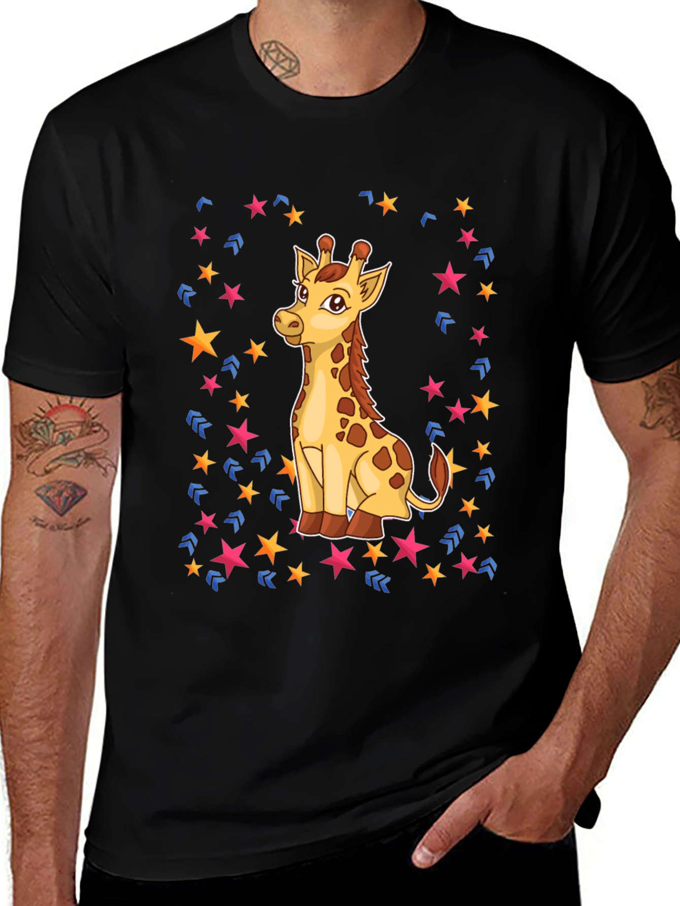 Variant 4 of Cute Giraffe Star Graphic Black T-Shirt