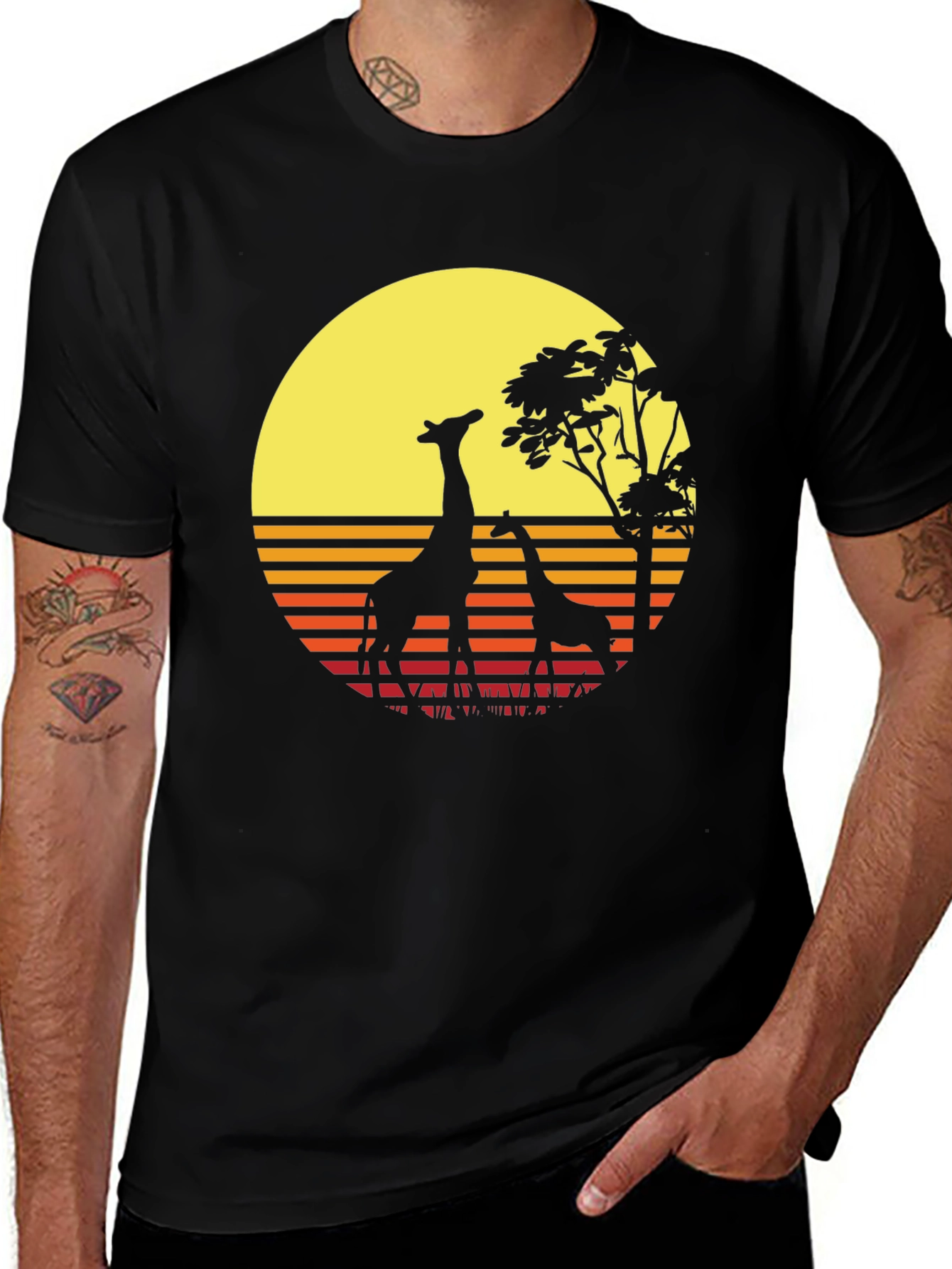 Variant 13 of Retro Giraffe Sunset T-Shirt - Black