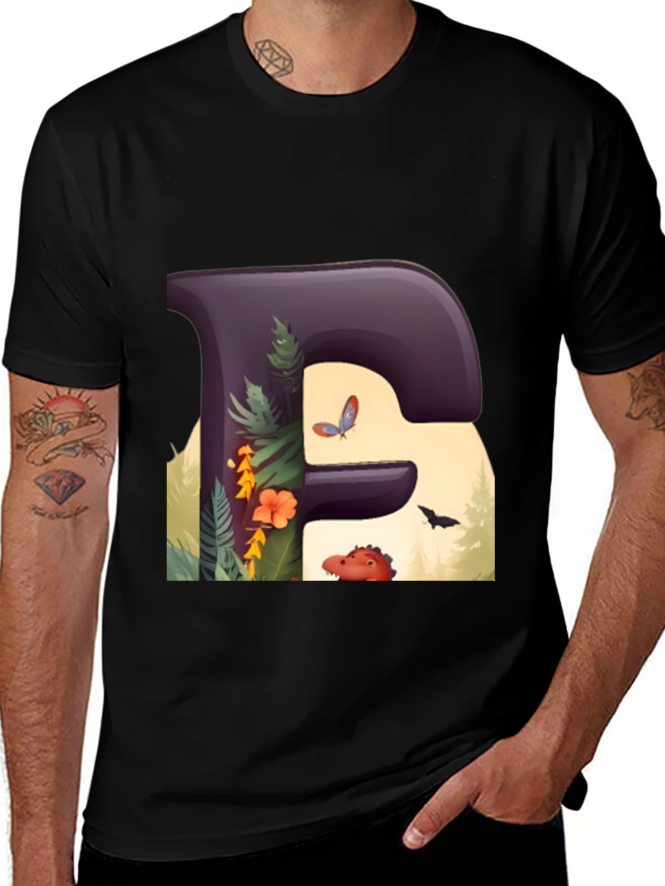 Variant 29 of Dinosaur Jungle Letter F Graphic Tee
