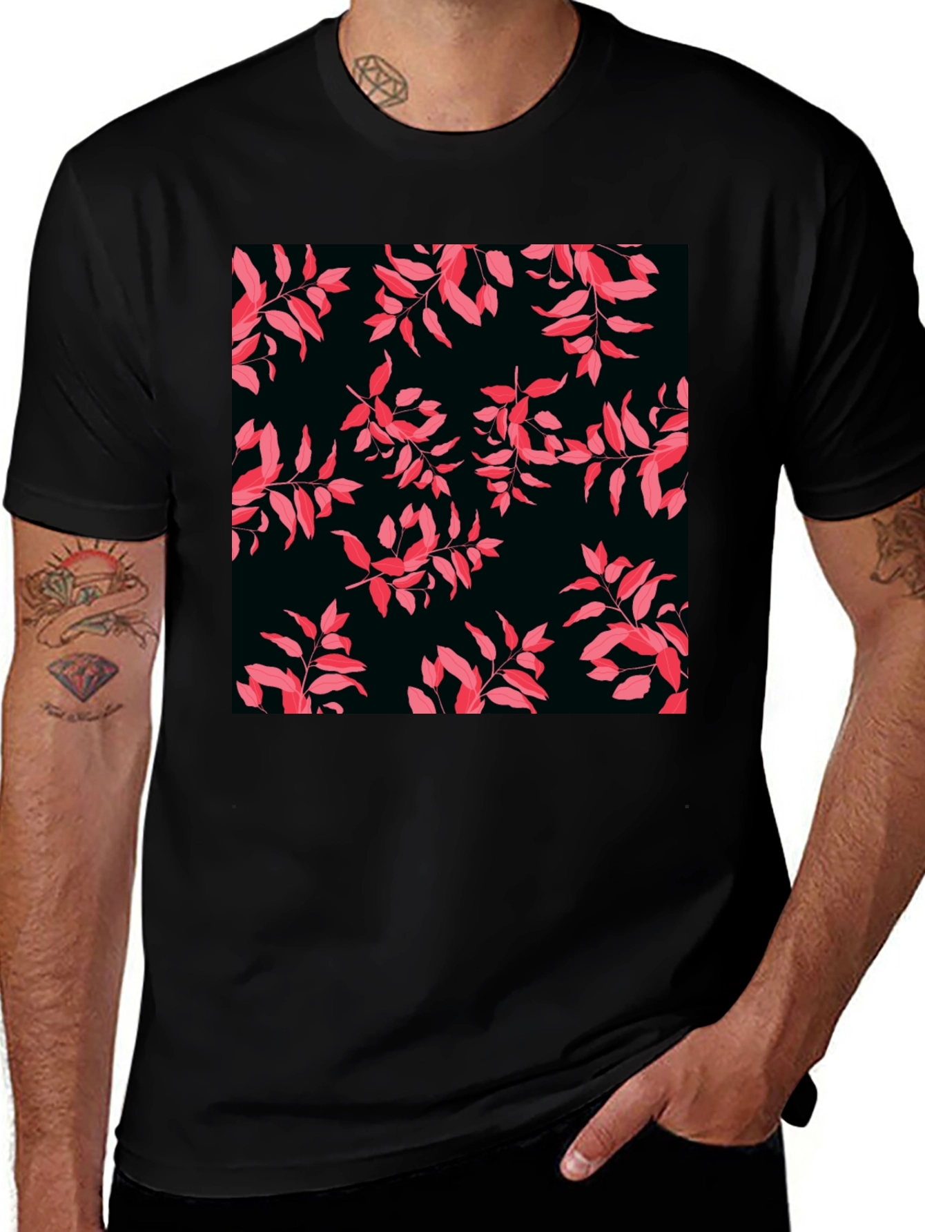 Variant 27 of Stylish Black Tee with Pink Leaf Print