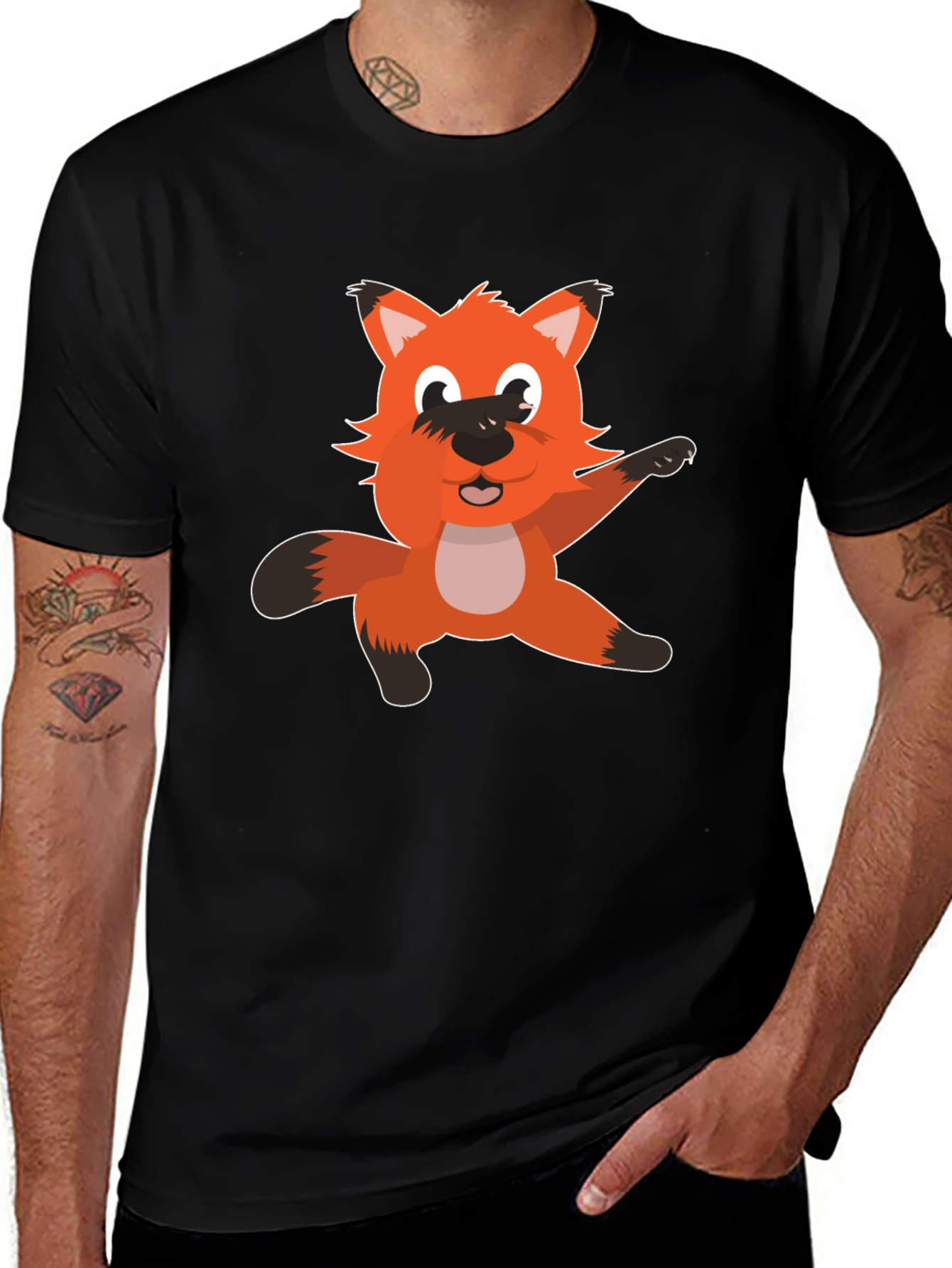 Variant 8 of Cartoon Fox Graphic T-Shirt - Black Cotton Tee