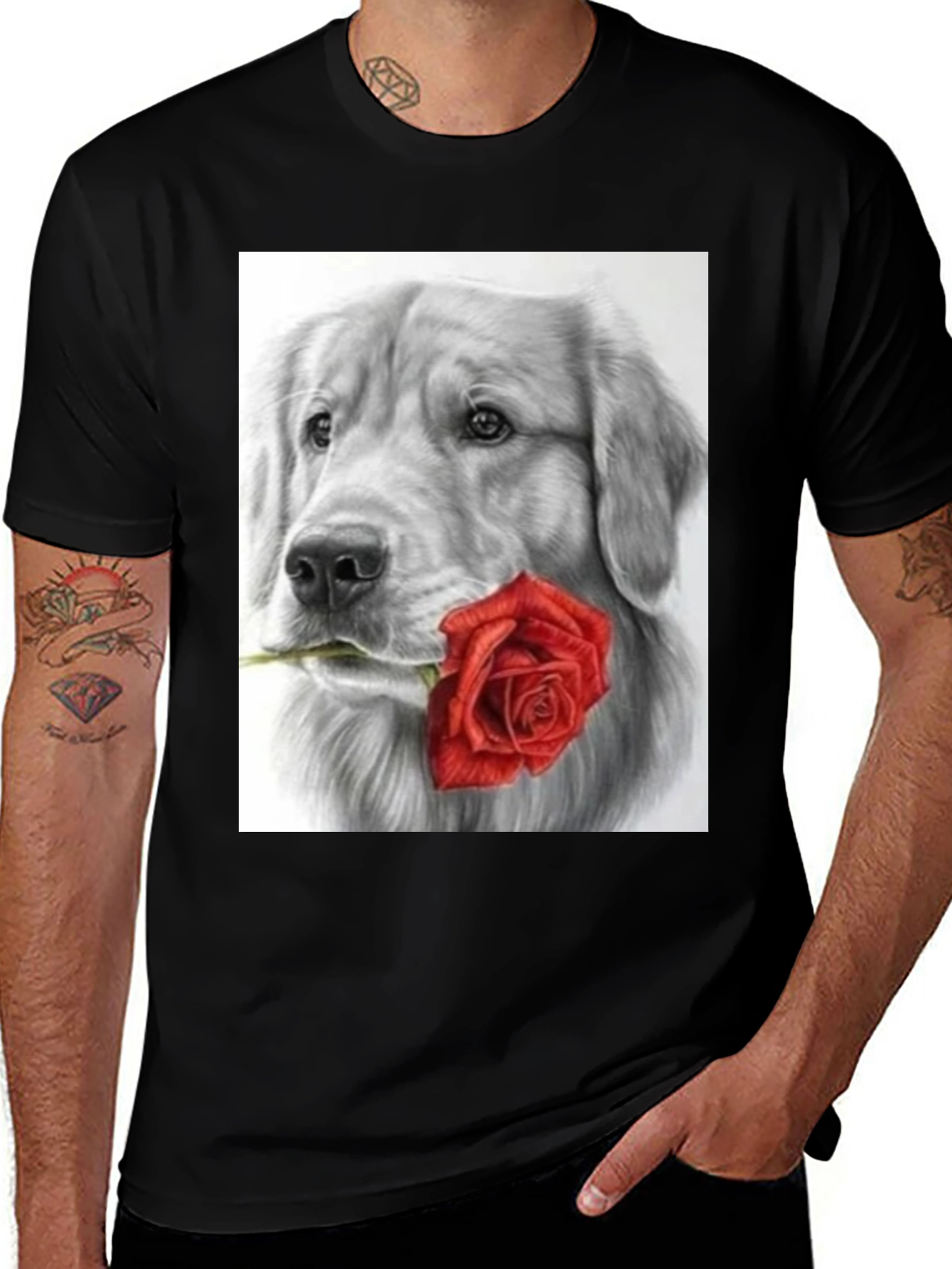 Variant 19 of Dog with Rose Graphic Tee - Black Short Sleeve Shirt
