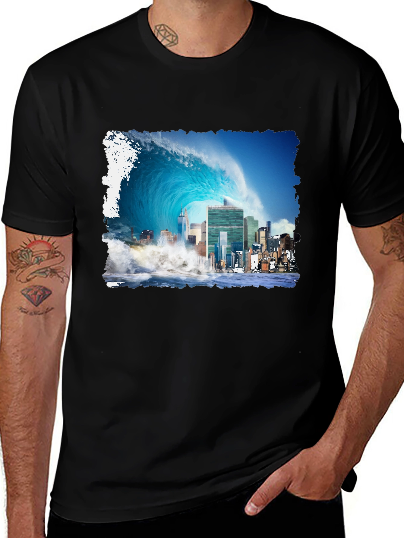 Tsunami Cityscape Graphic Tee - Black Cotton T-Shirt