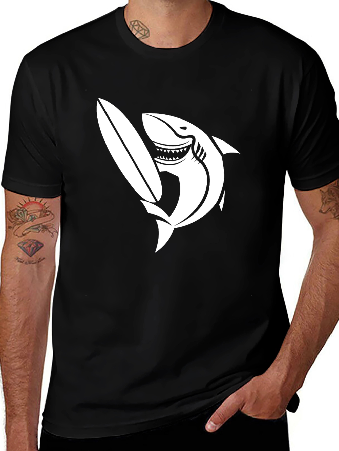 Shark Surfboard Graphic Tee - Cool Black T-Shirt