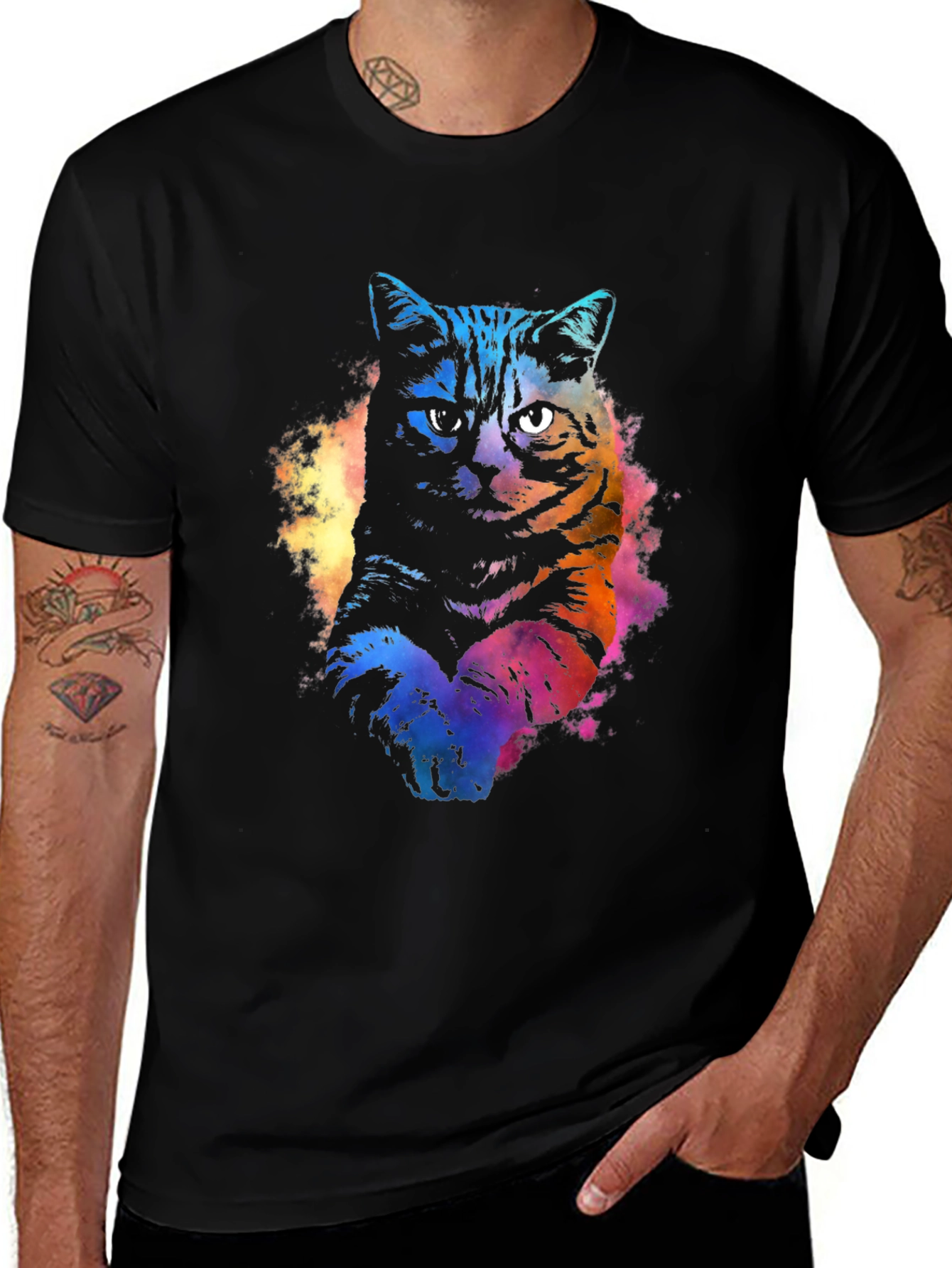 Variant 28 of Watercolor Cat Graphic Black T-Shirt