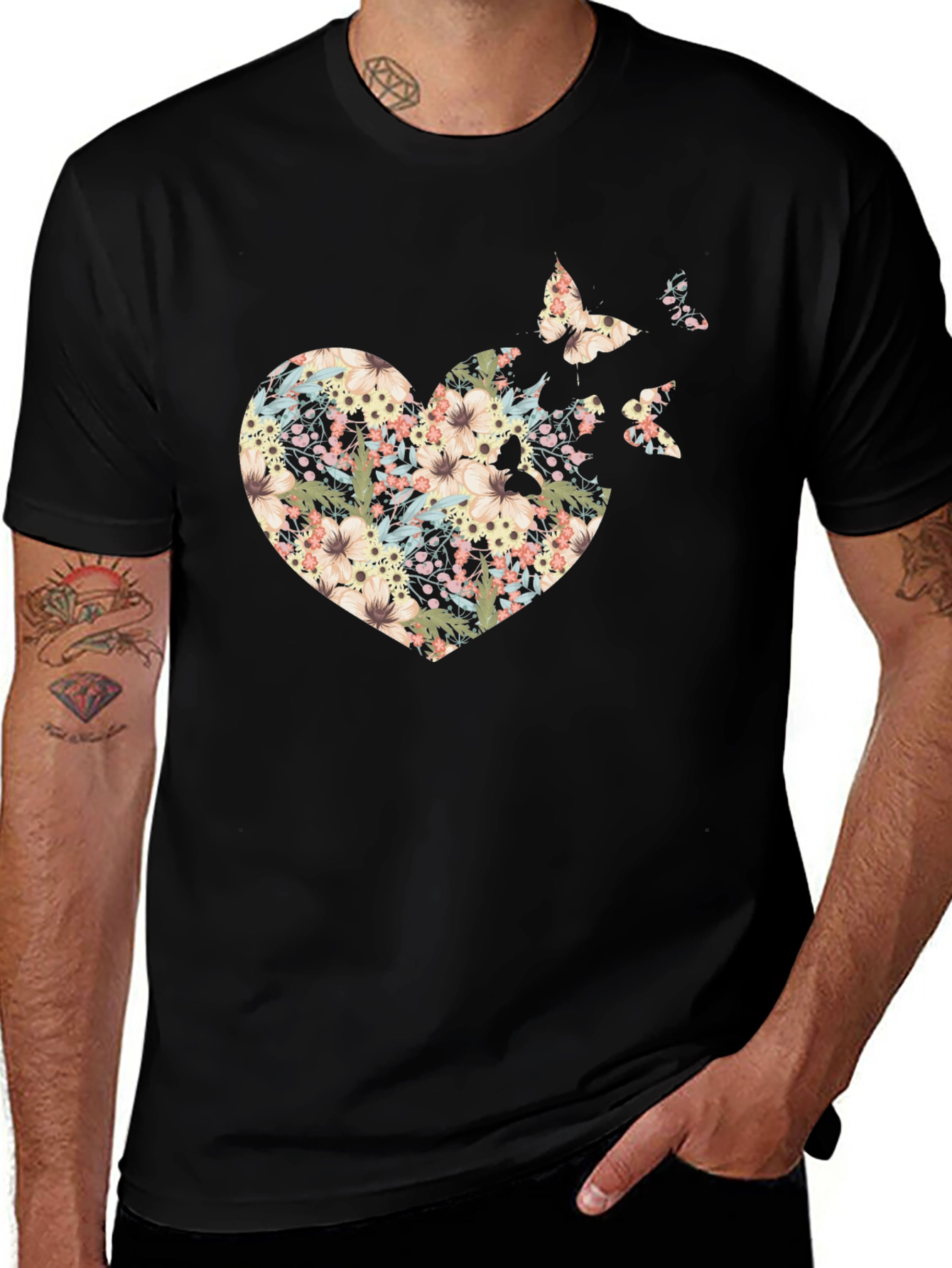 Variant 11 of Floral Heart Butterfly Black T-Shirt