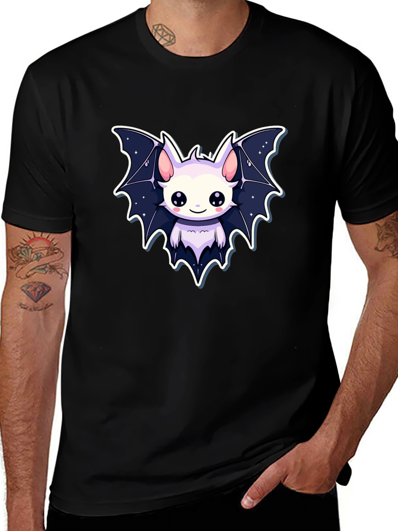 Variant 11 of Cute Cartoon Bat Graphic Tee - Black Cotton Shirt