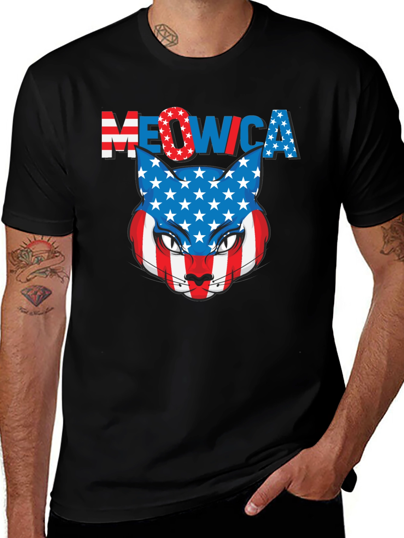 Meowica Patriotic Cat USA Flag Graphic T-Shirt