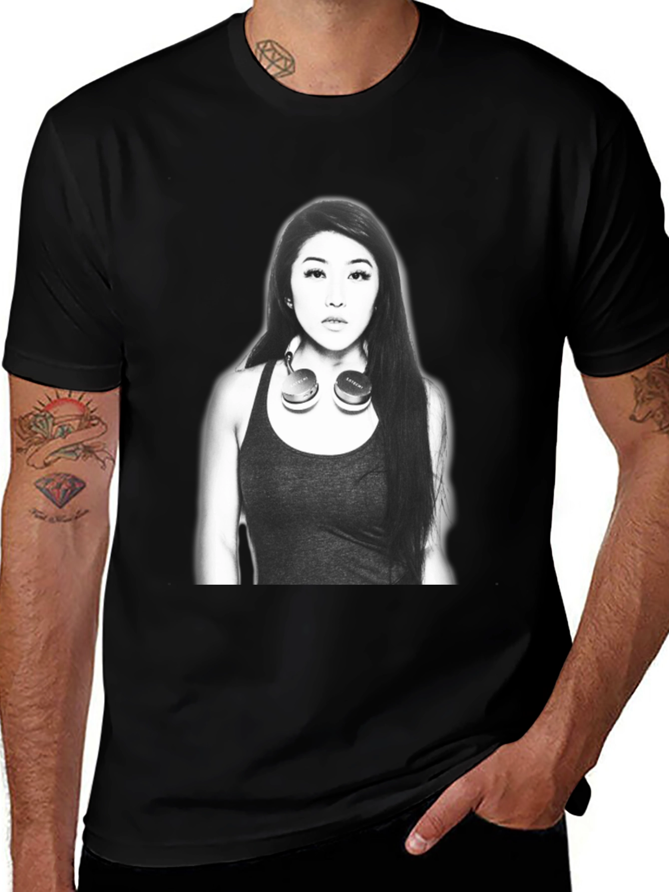 Variant 5 of Black T-Shirt with Woman and Headphones Graphic