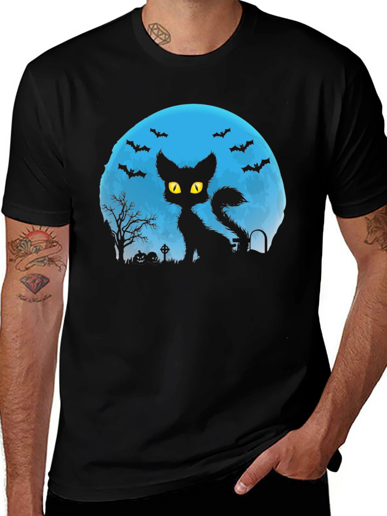 Halloween Cat Silhouette T-Shirt - Spooky Moon Design
