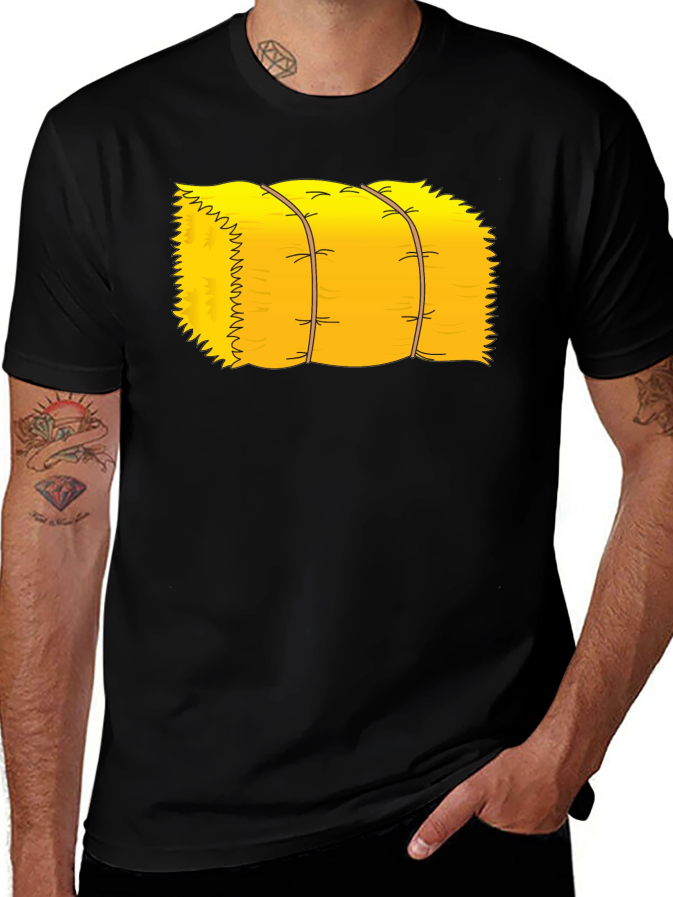 Variant 15 of Cartoon Hay Bale Graphic Tee - Black Cotton T-Shirt