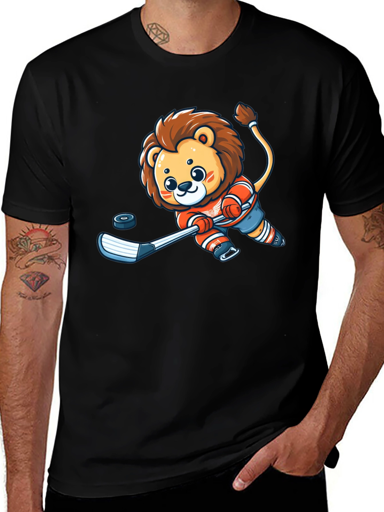 Variant 15 of Cartoon Lion Hockey Player Black T-Shirt