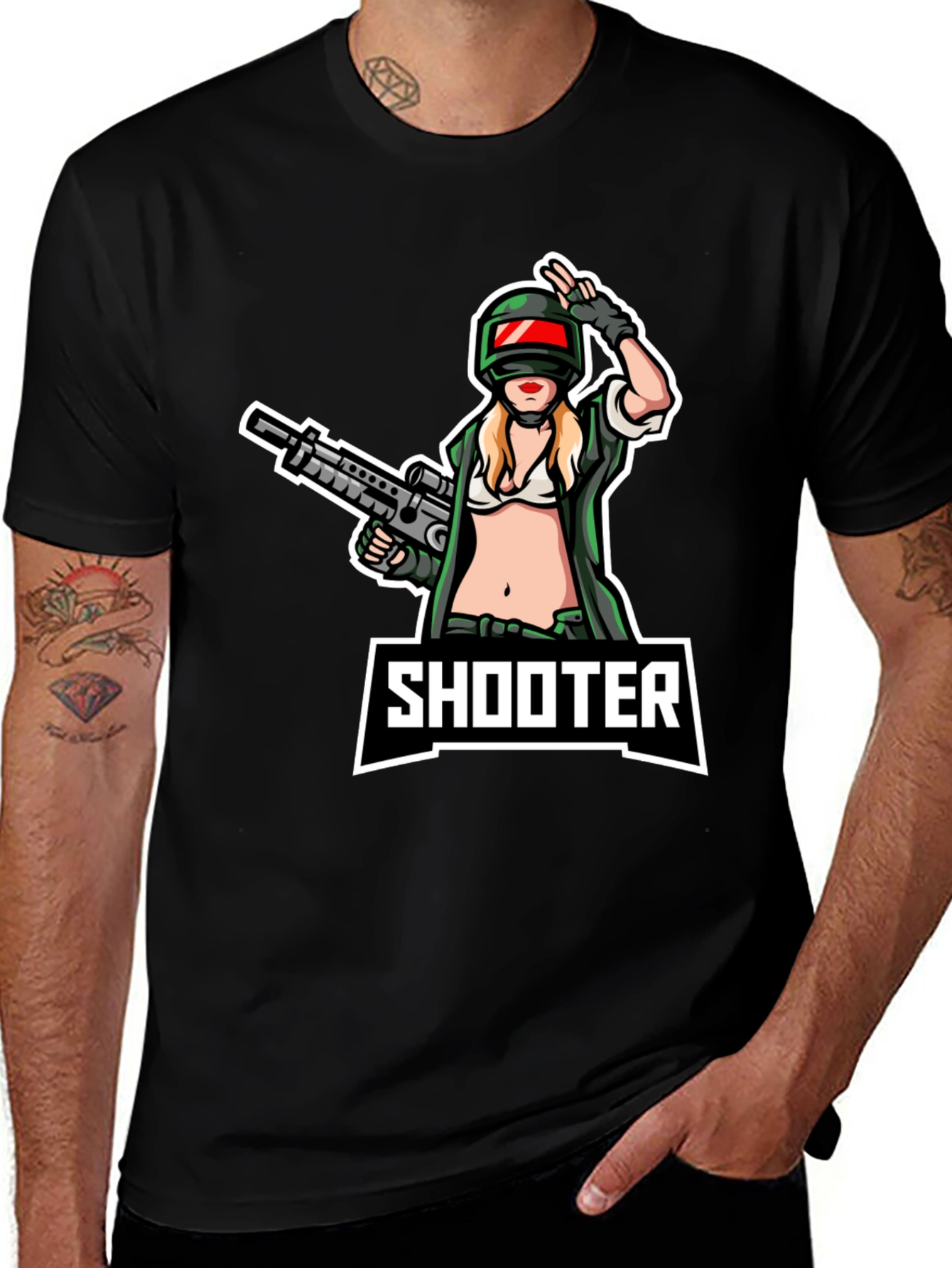 Variant 14 of Shooter Girl Graphic T-Shirt - Black Cotton Tee