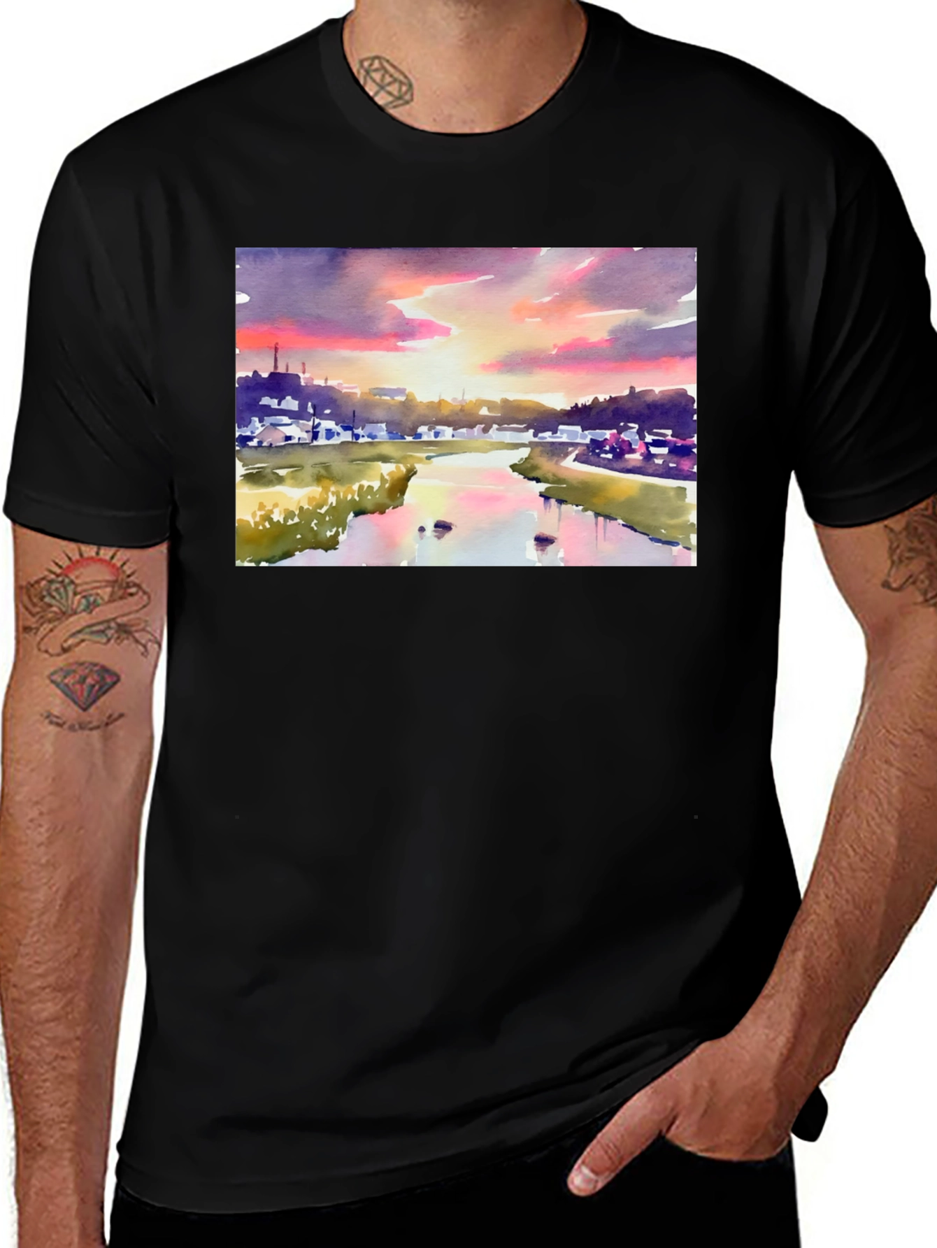 Sunset River Watercolor Art Print T-Shirt