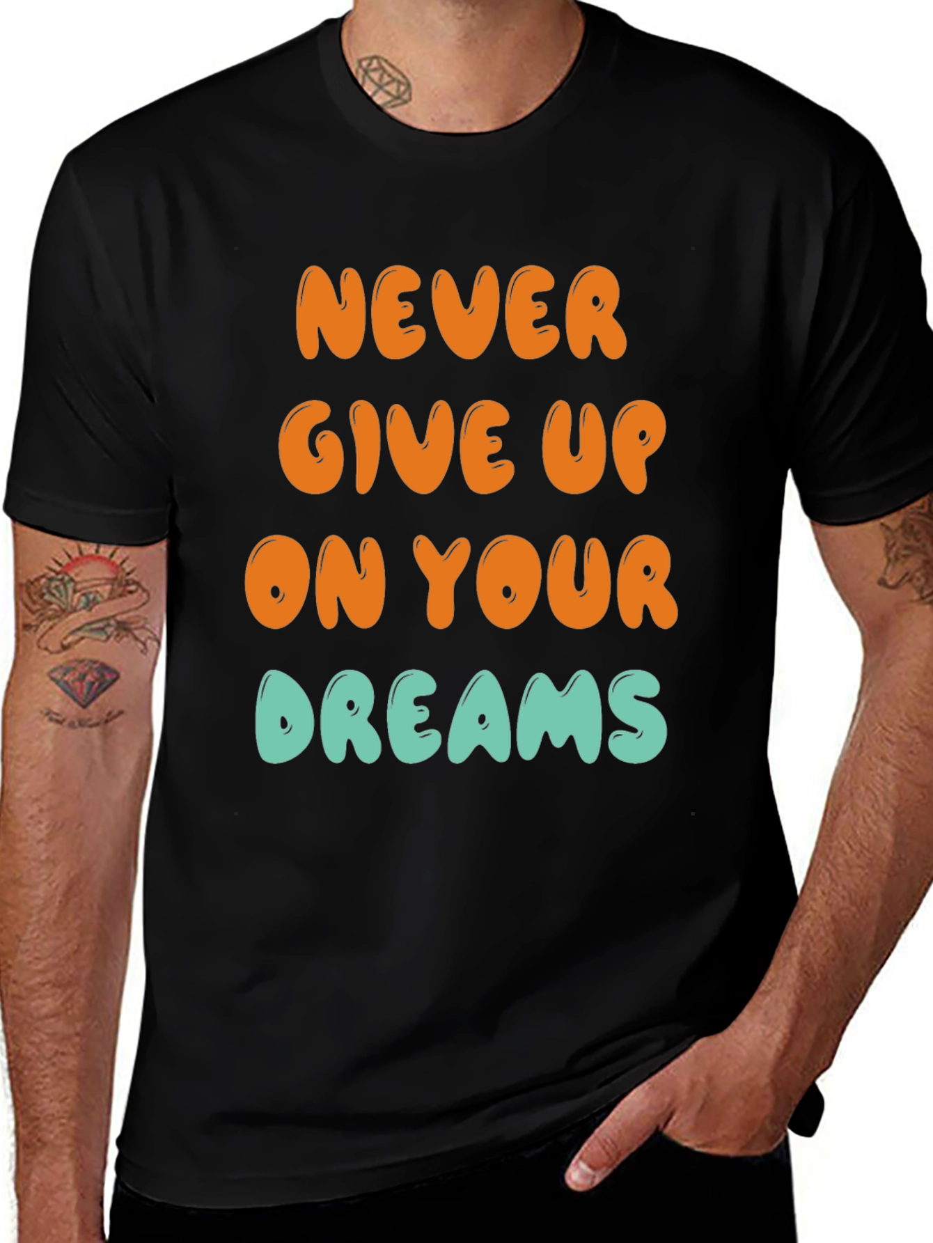 Variant 21 of Motivational Black T-Shirt: Never Give Up