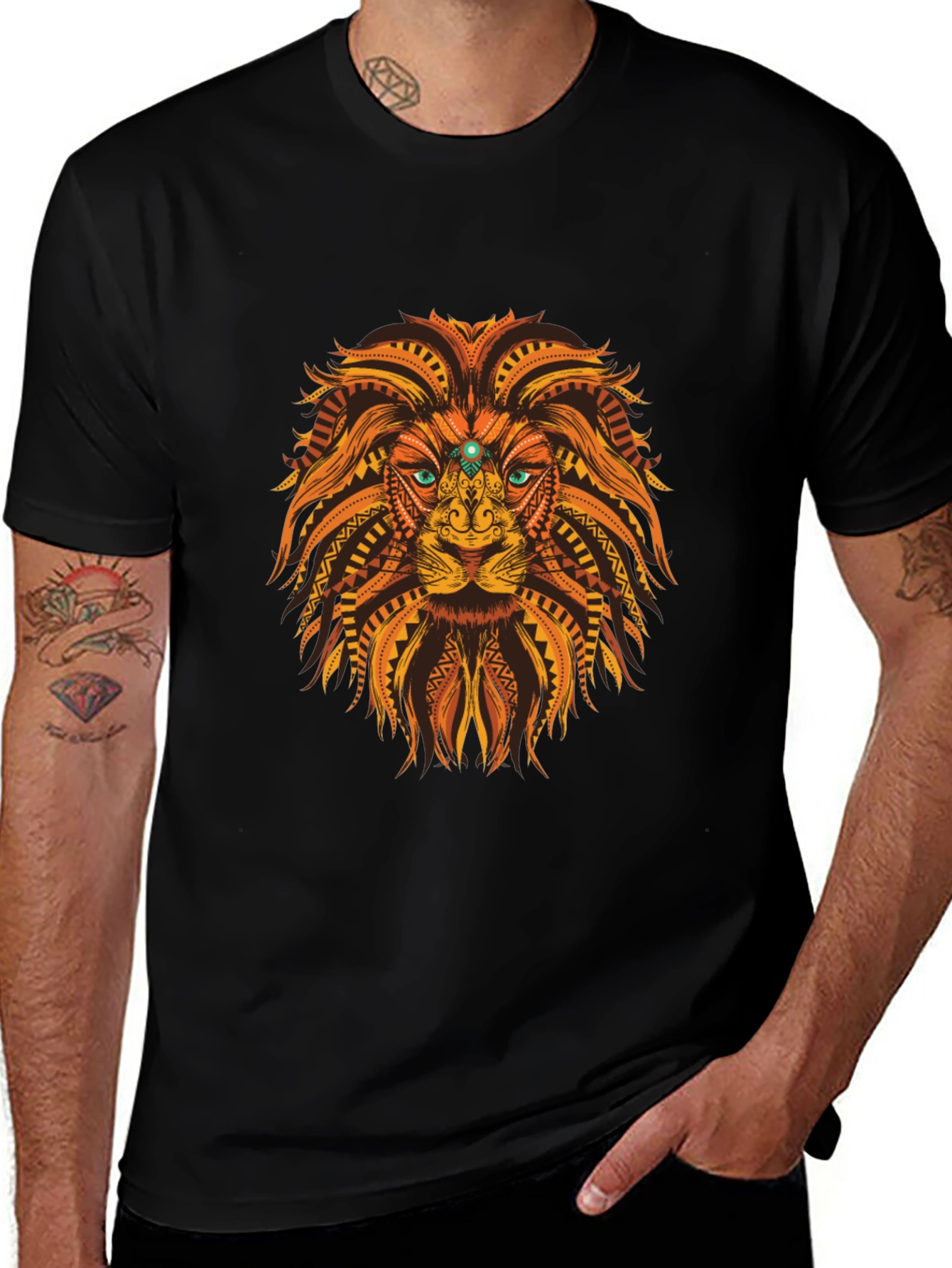 Black Tribal Lion Graphic Tee - Black Cotton T-Shirt main image