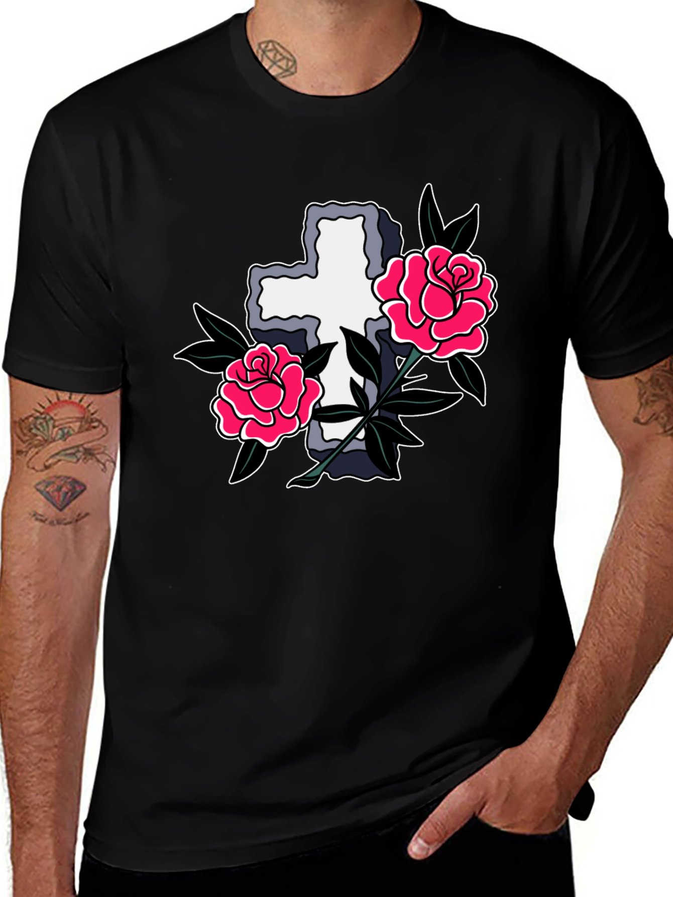 Variant 30 of Cross & Roses Graphic T-Shirt - Classic Tattoo Style