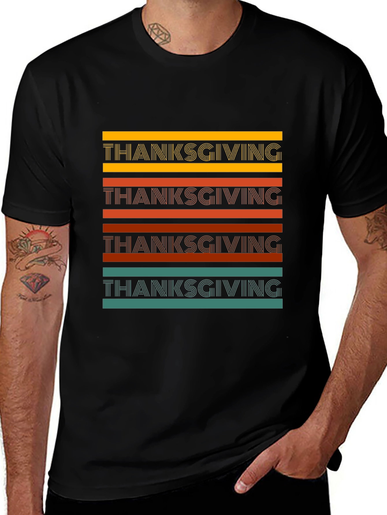 Thanksgiving Striped Graphic Tee - Retro Holiday Style
