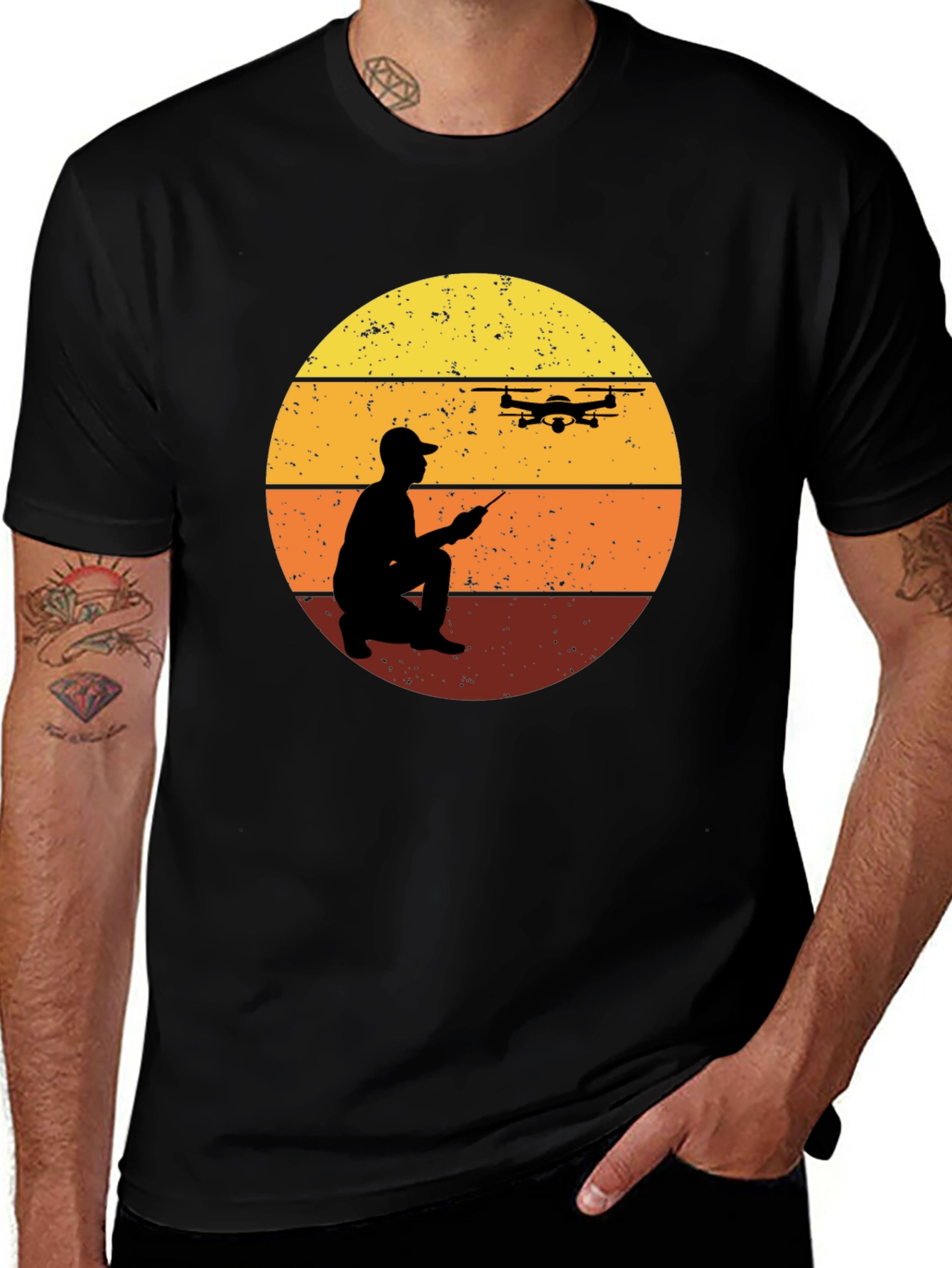 Variant 13 of Drone Pilot Sunset T-Shirt - Black Crew Neck Tee