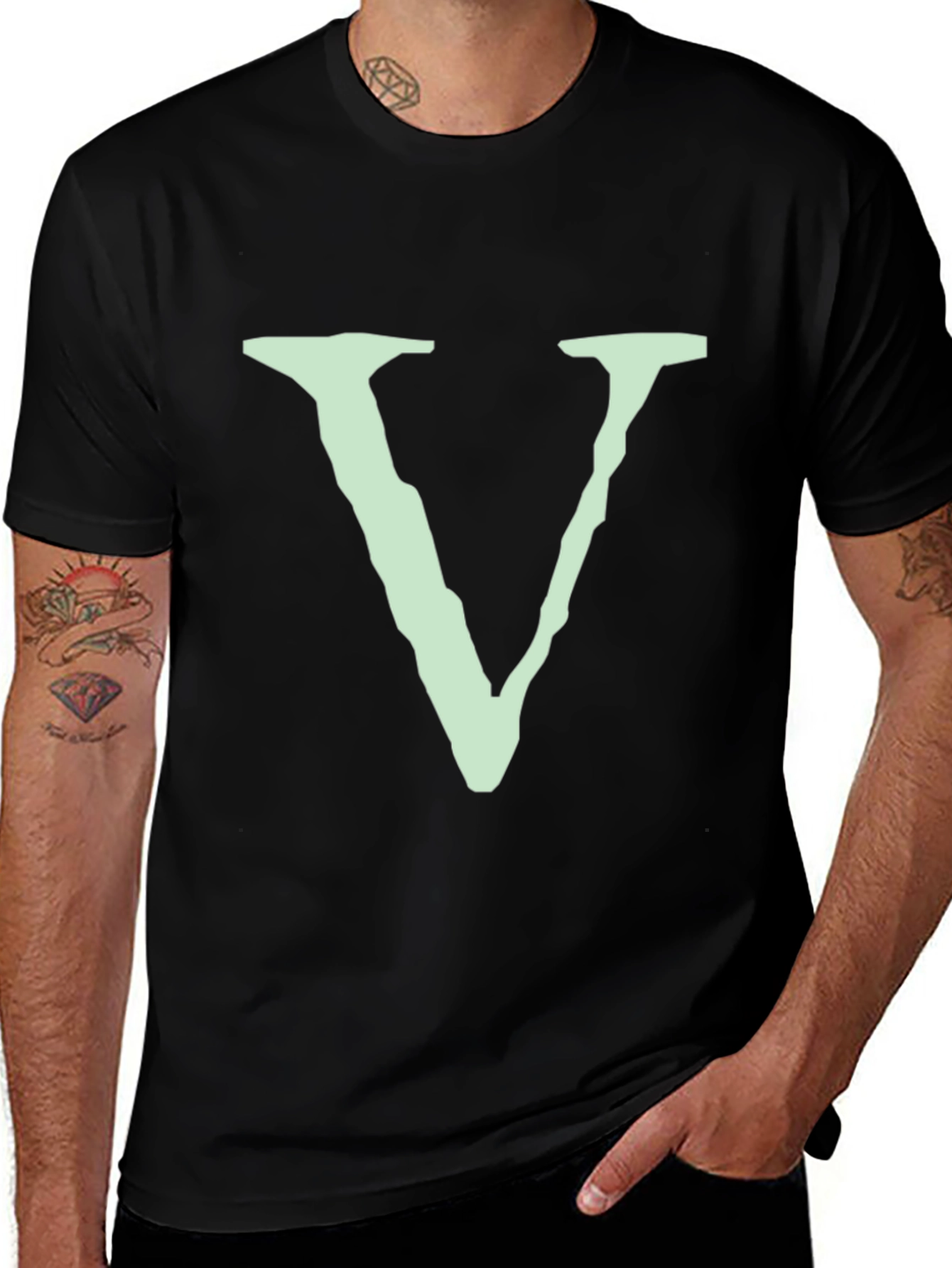 Variant 28 of Stylish Black Tee with Bold 'V' Design - Modern Casual Wear
