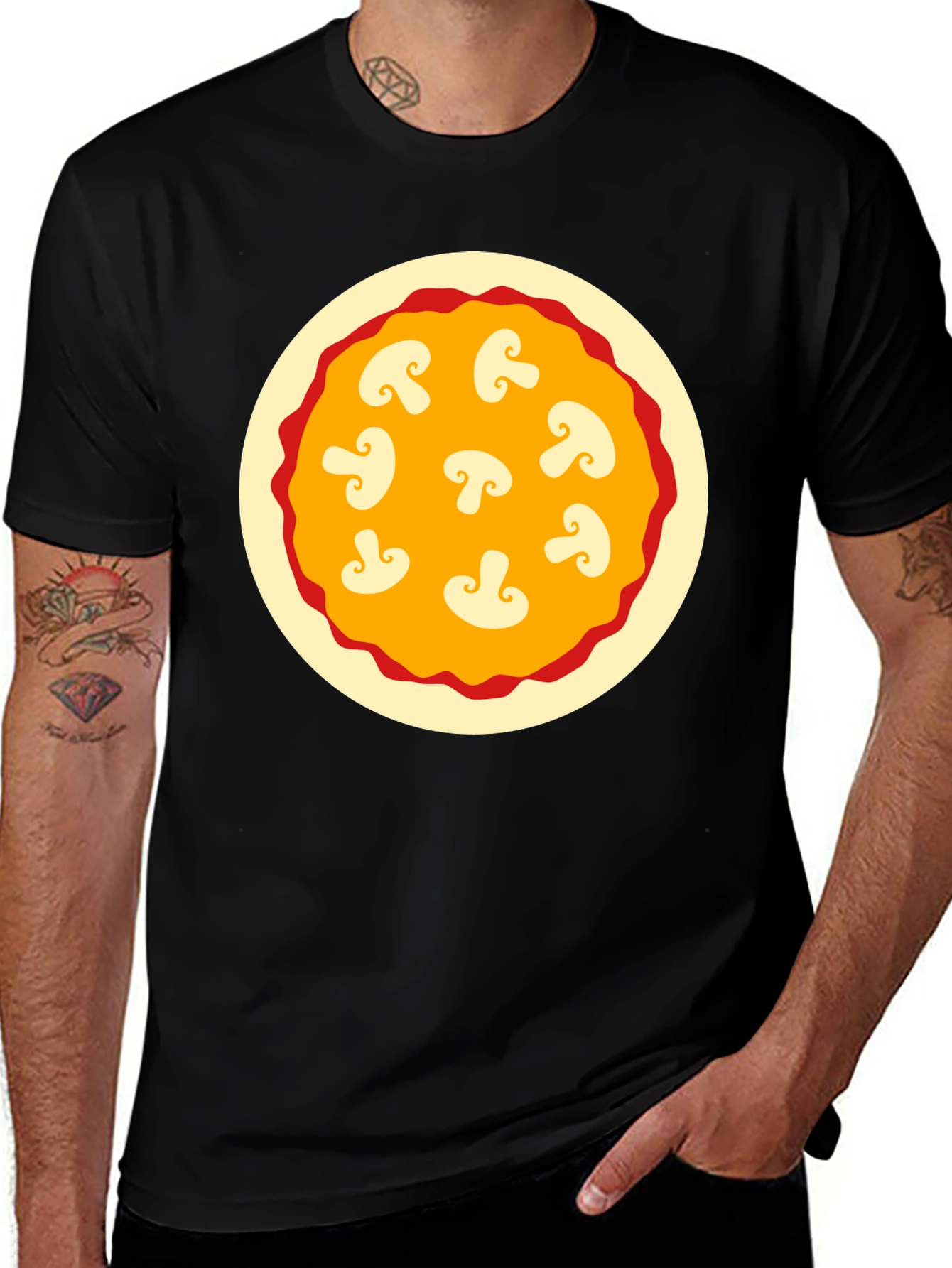 Variant 26 of Mushroom Pizza Graphic Tee - Black Cotton T-Shirt