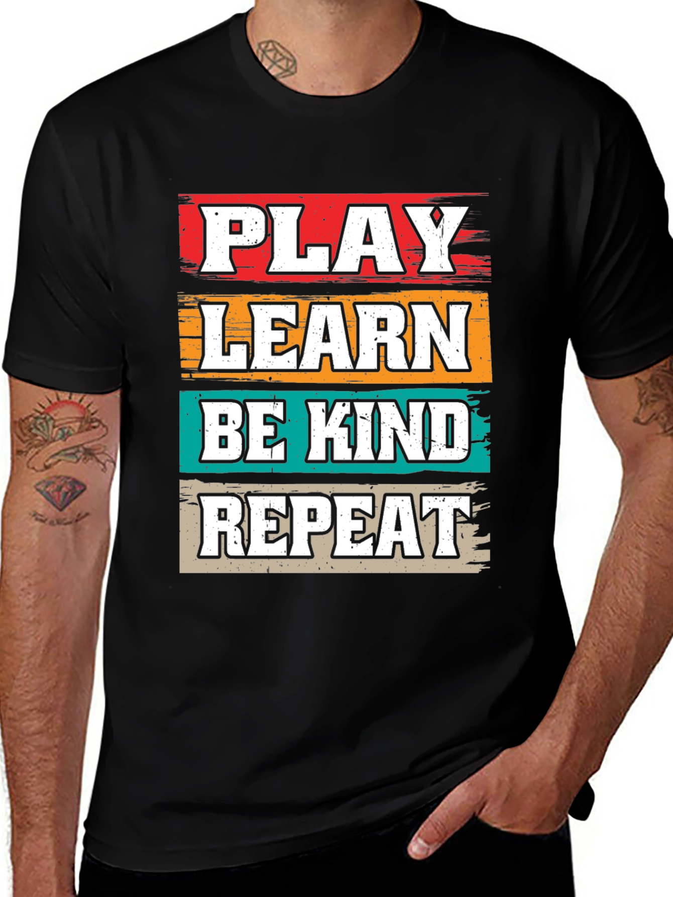 Variant 16 of Play Learn Be Kind Repeat Graphic Tee - Black Cotton T-Shirt