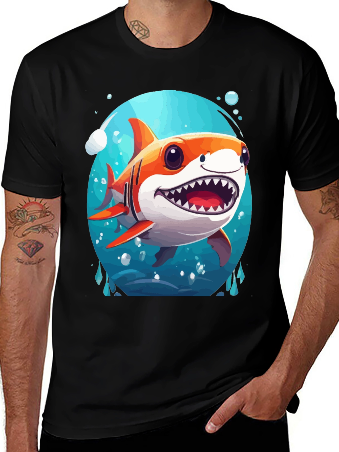 Variant 2 of Cartoon Shark Graphic Tee - Black
