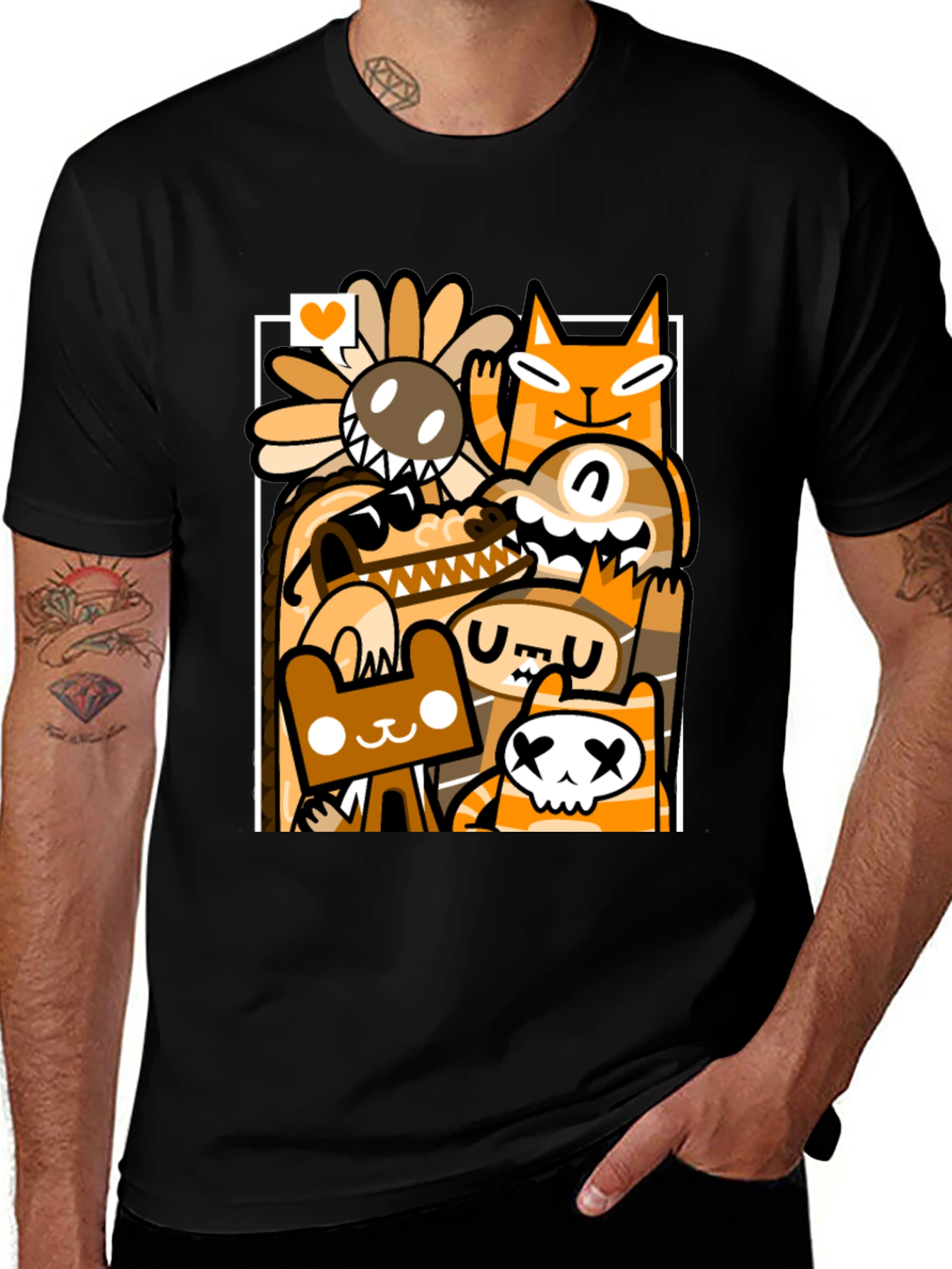 Variant 3 of Cartoon Doodle Character Graphic Black T-Shirt