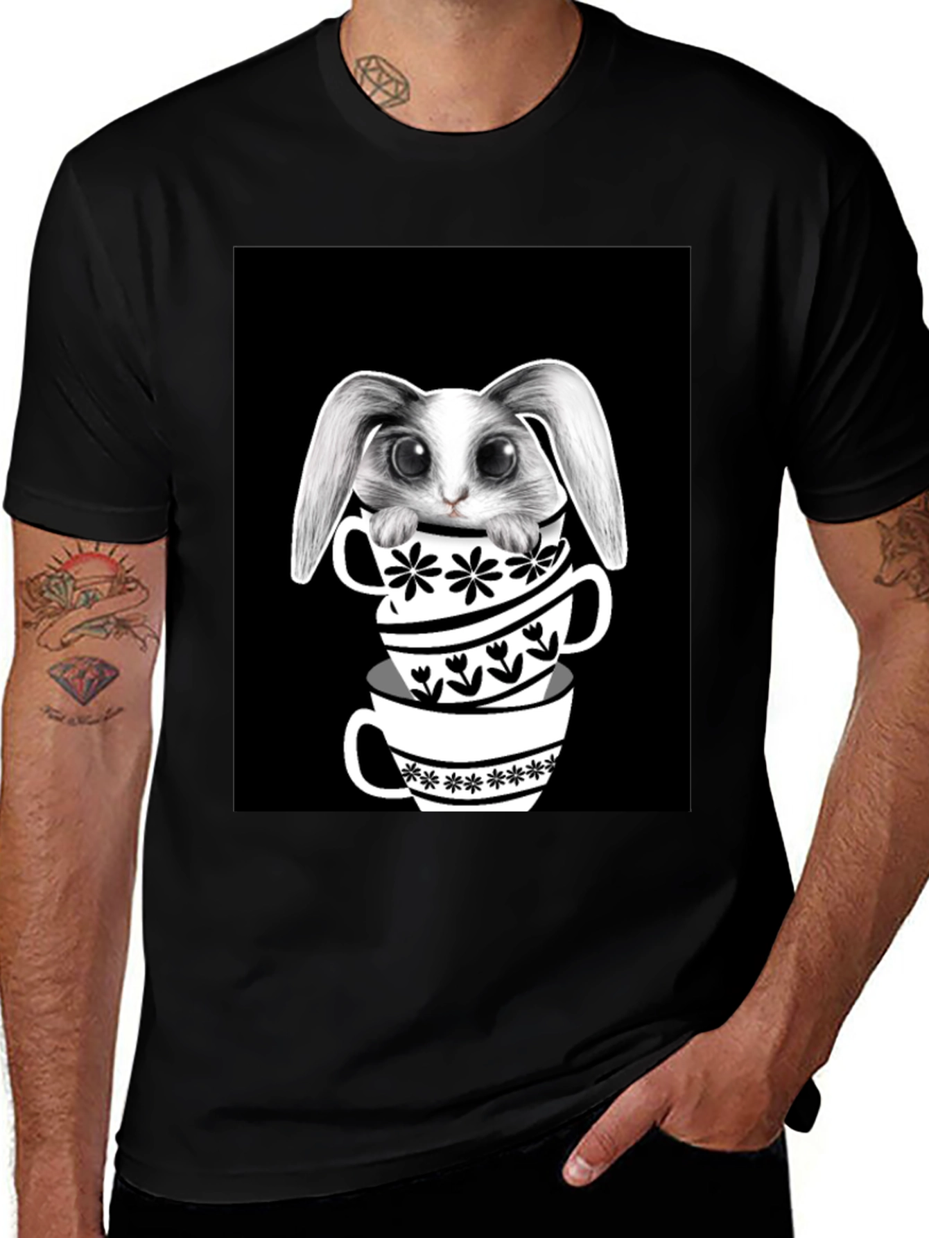Black Rabbit in Teacups Graphic T-Shirt main image