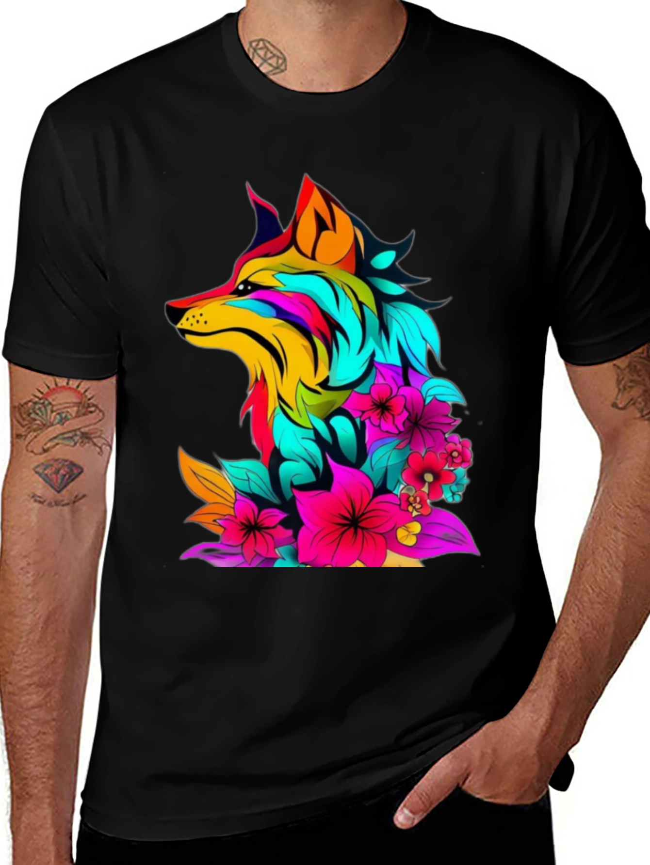 Variant 12 of Colorful Floral Wolf Graphic T-Shirt
