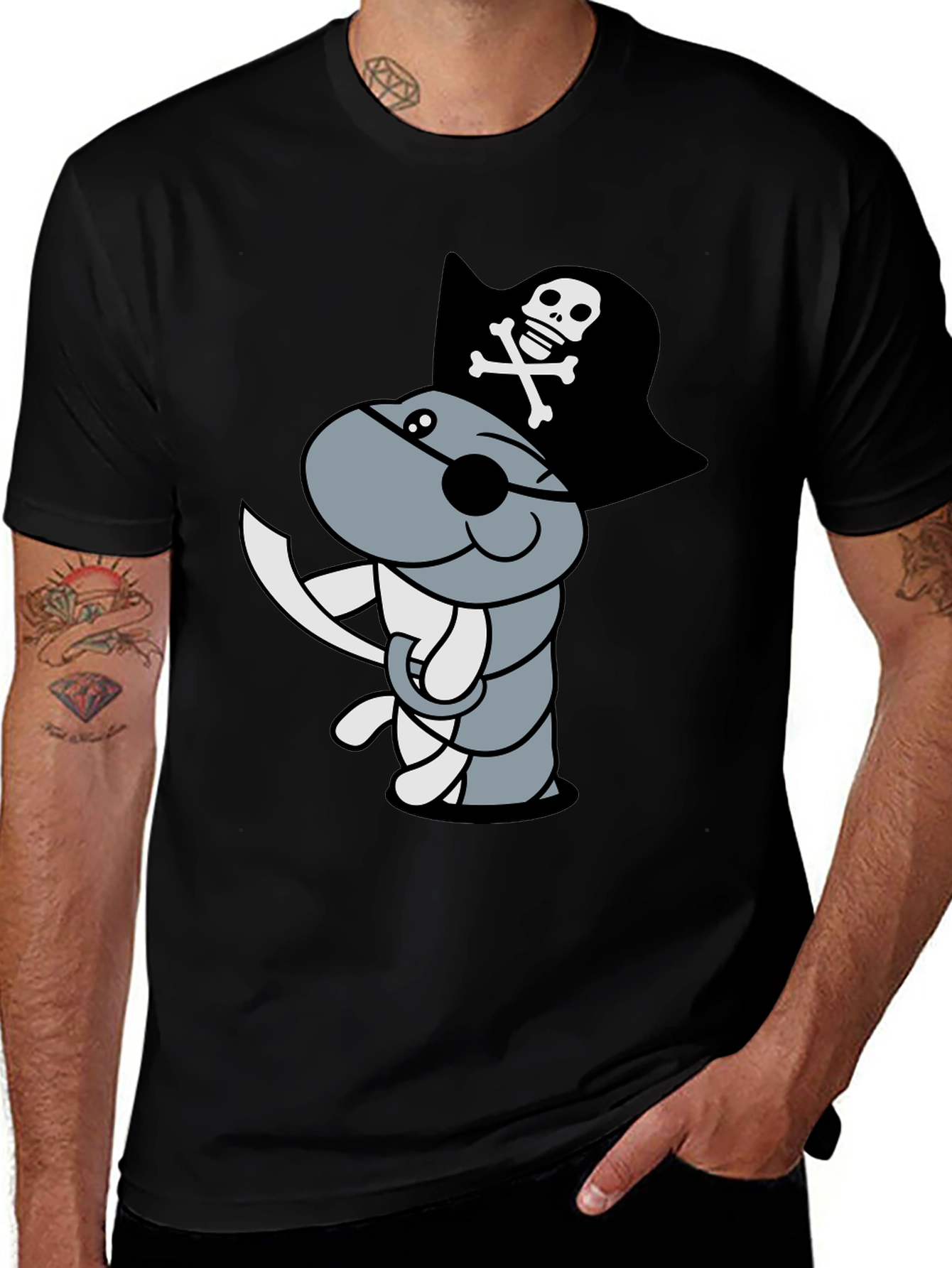 Variant 25 of Pirate Worm Graphic T-Shirt - Black Cotton Tee
