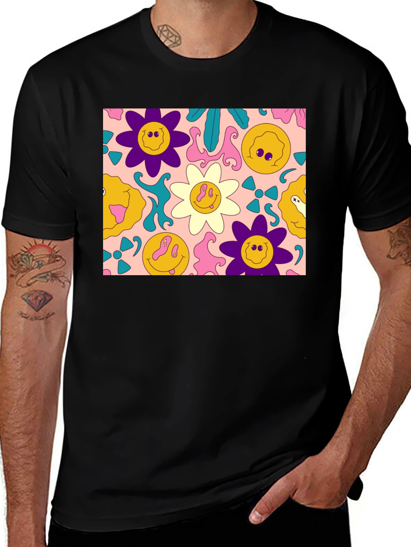 Variant 8 of Groovy Retro Floral Graphic Tee - Black