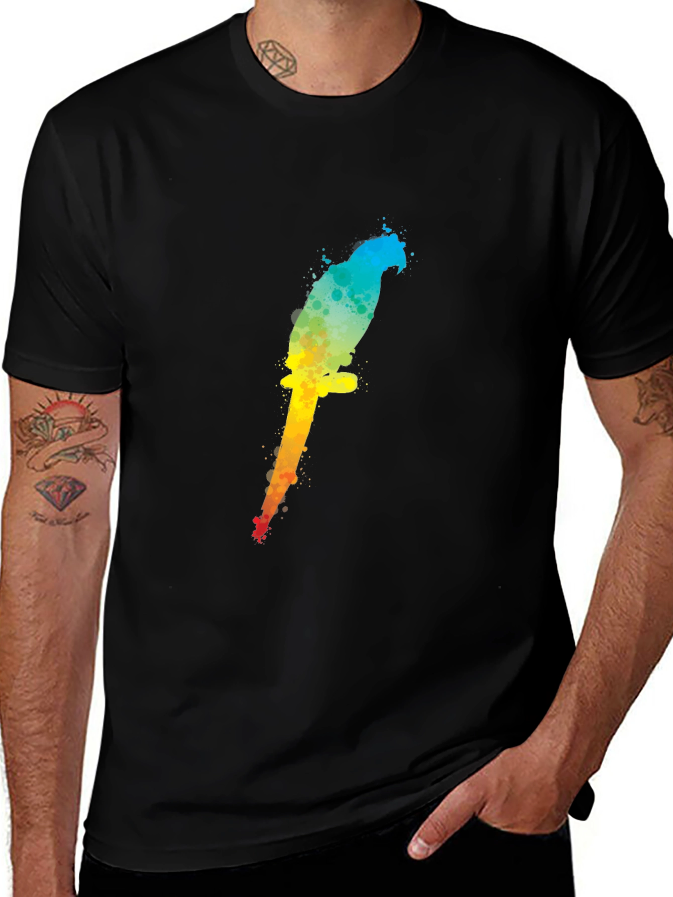 Variant 9 of Colorful Parrot Graphic Black T-Shirt