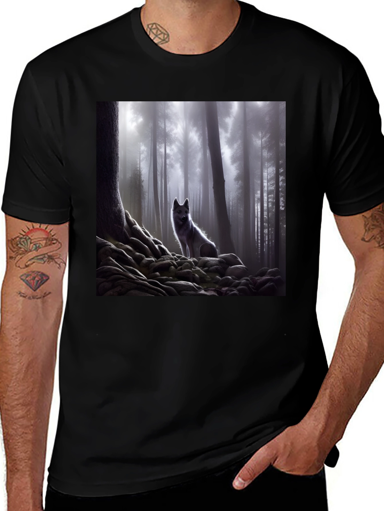 Variant 13 of Wolf in Misty Forest Graphic Tee - Black