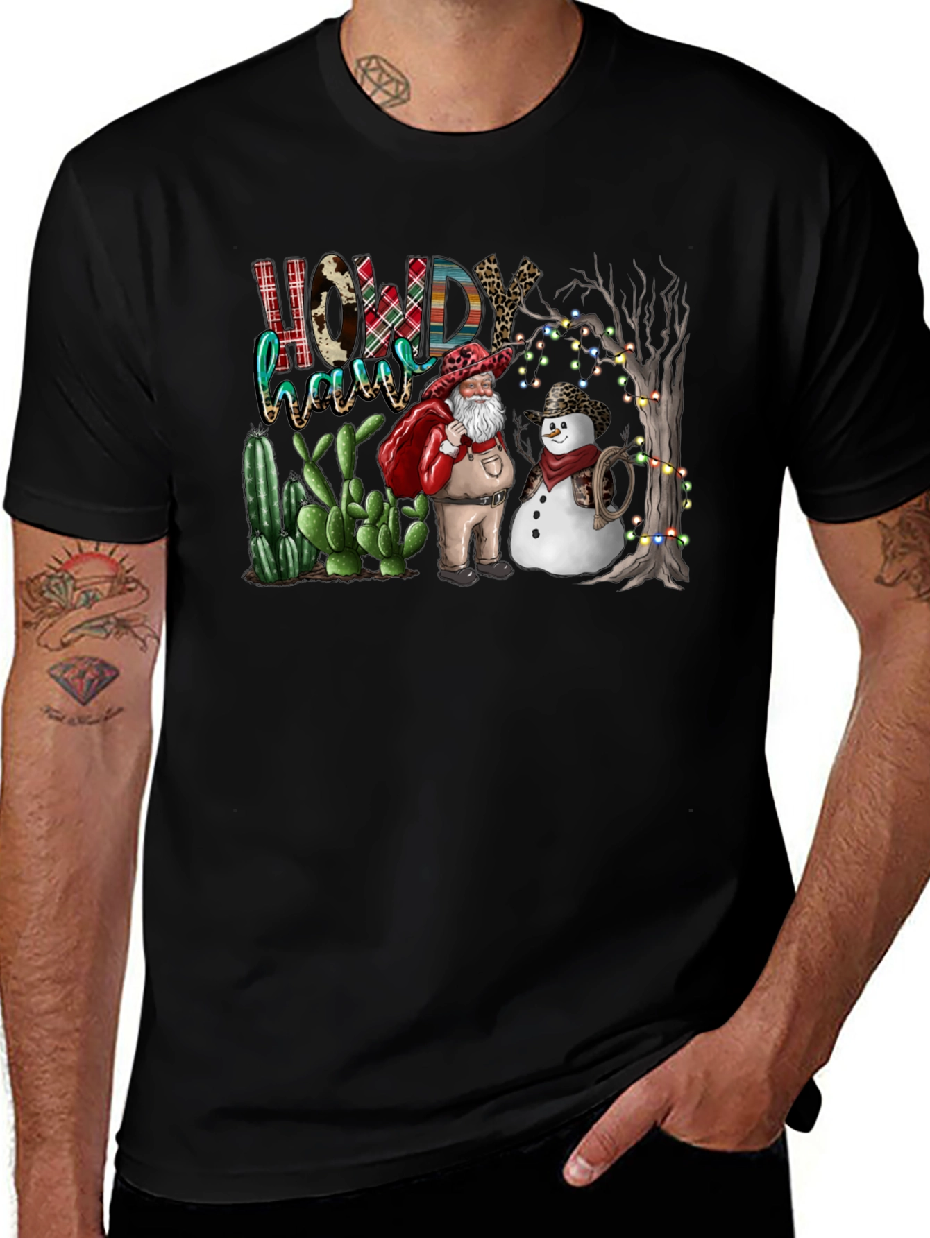 Western Christmas Santa & Snowman T-Shirt