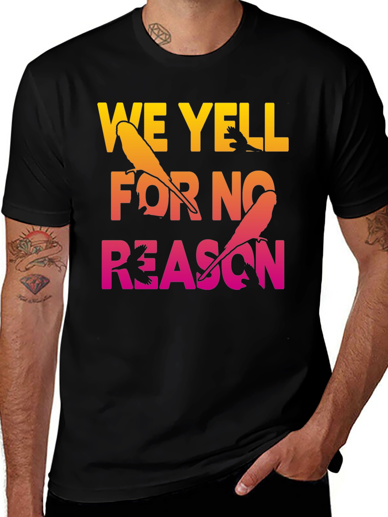 Black We Yell For No Reason Parrot Graphic Tee main image