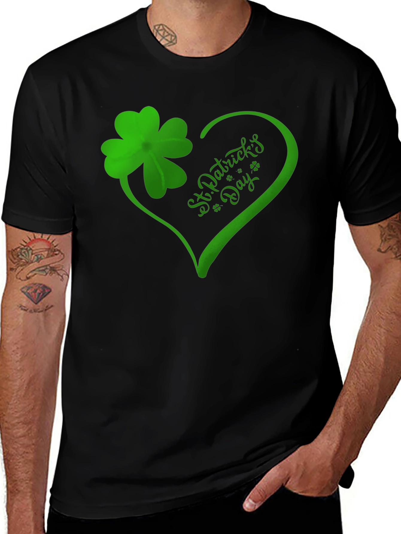 St. Patrick's Day Heart Clover Graphic Tee - Black