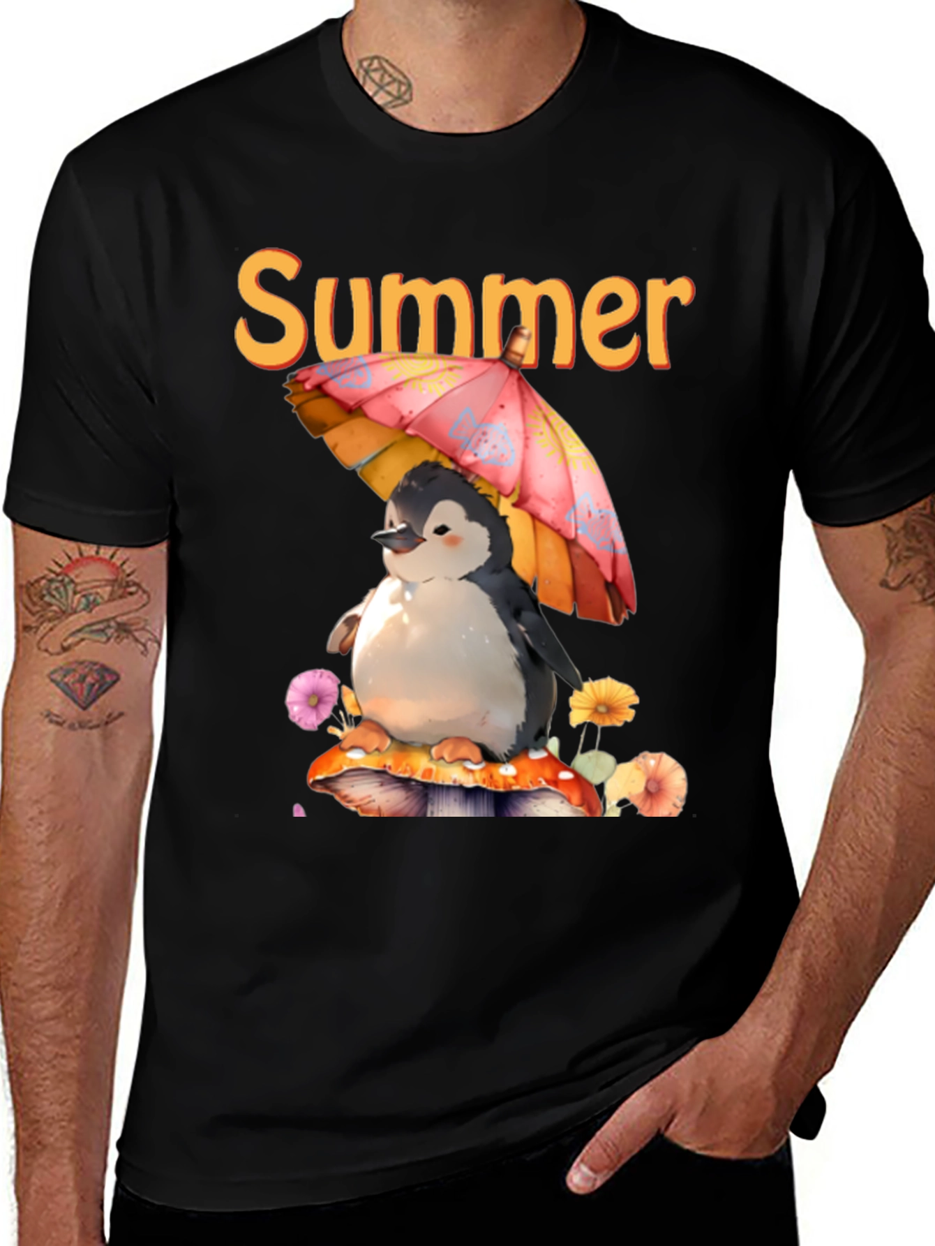 Black Summer Penguin Graphic T-Shirt main image