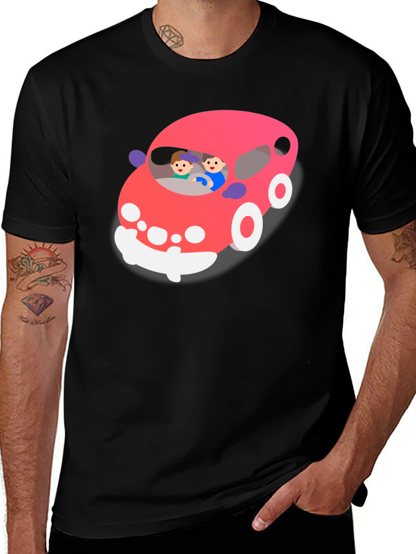 Variant 6 of Cartoon Car Graphic T-Shirt - Black Crew Neck Tee